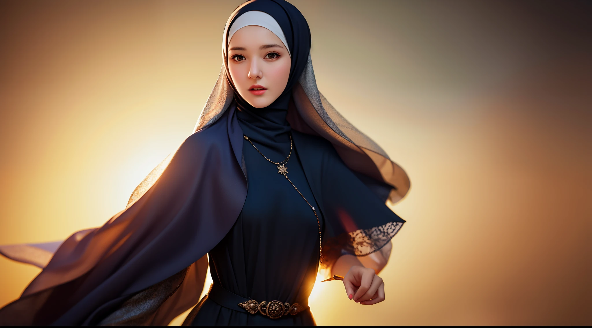 best quality, masterpiece, highres, moslem female dress, necklace, Beautiful face, (upon body from head to waist:1.37), tyndall effect, photorealistic, dark studio, rim lighting, two tone lighting, 8k uhd, dslr, soft lighting, high quality, volumetric lighting, candid, Photograph, high resolution, 4k, 8k, Bokeh, (hyperrealistic girl), (illustration), (high resolution), (extremely detailed), (best illustration), (beautiful detailed eyes), (best quality), (ultra-detailed), (masterpiece), (wallpaper), (photorealistic), (natural light), (rim lighting), (detailed face), (high detailed realistic skin texture), (anatomically correct), (solo), (1 woman), (heterochromic eyes), (detailed eyes), (sparkling eyes), (long legs), (big breasts), (dynamic pose), (concentrated expression), (wearing hijab:1.4), moslem headscarf.