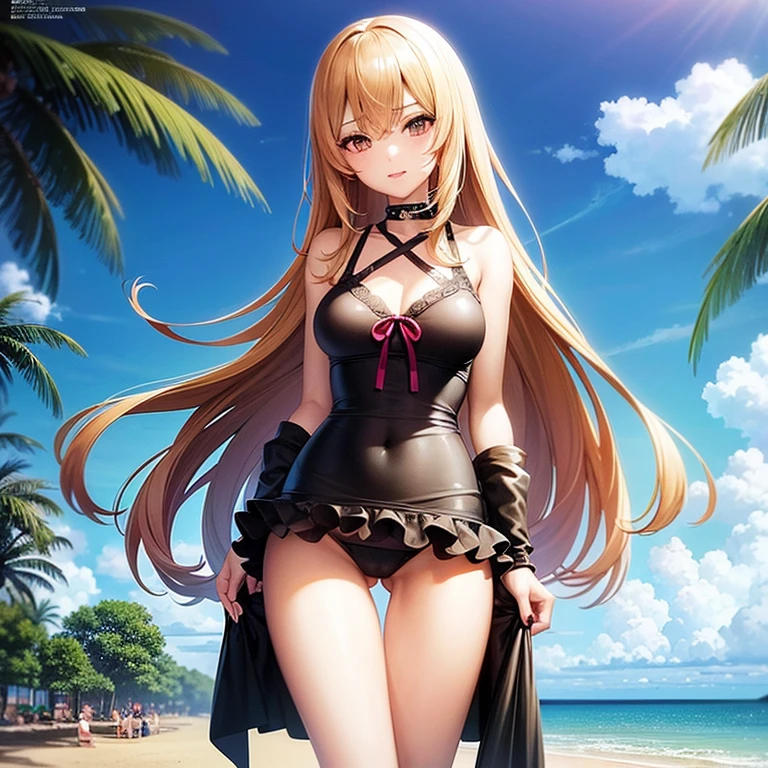anime girl in a black and pink swimsuit holding an umbrella, swimsuit, marisa kirisame, is wearing a swimsuit, bathing suit, cushart krenz key art feminine, at the beach, extremely detailed artgerm, in the beach, marin kitagawa fanart, blonde anime girl with long hair, seductive anime girl, rin, at a beach