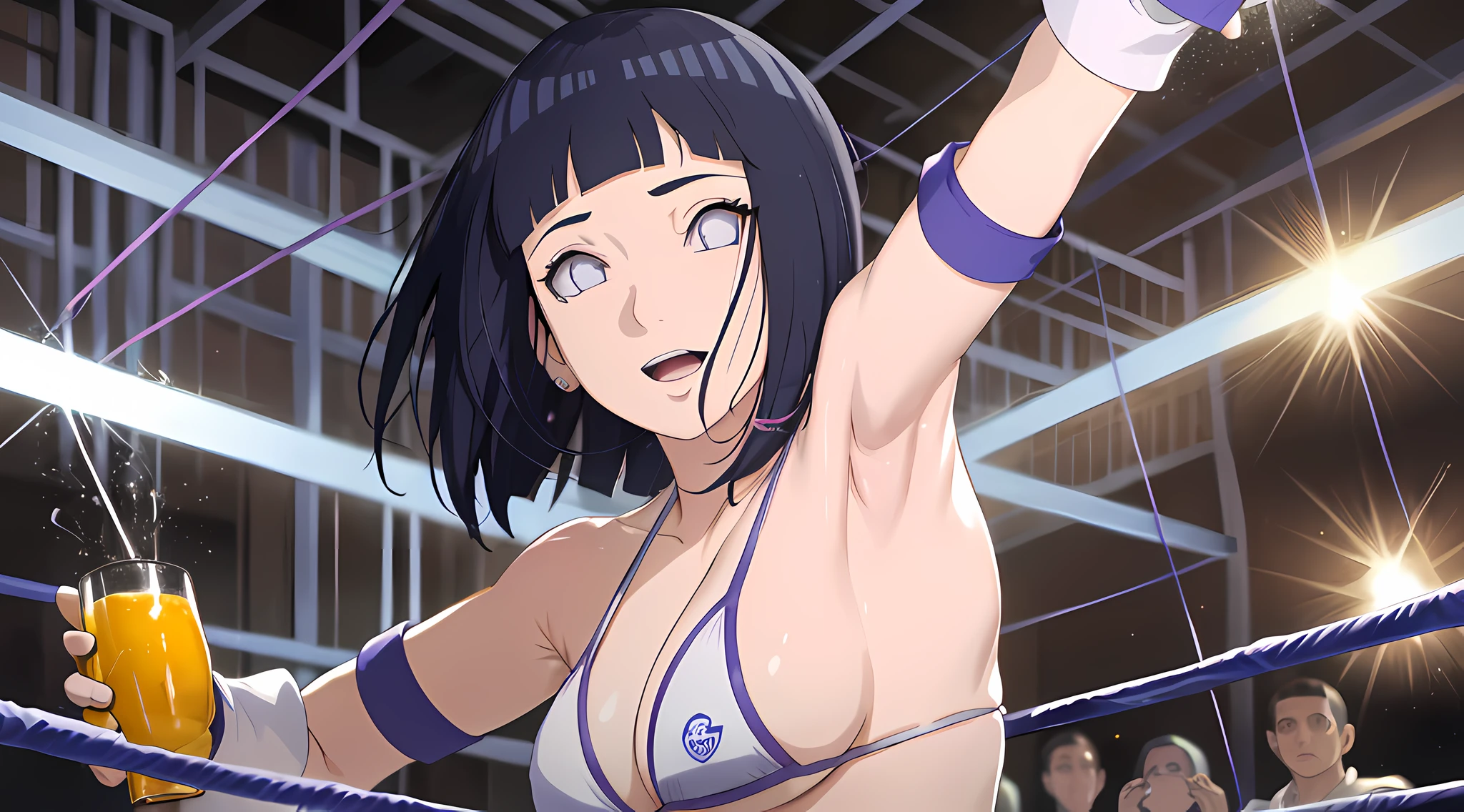 (WALLPAPER, (hinata\(boruto\), (((1 girl, white string bikini, white fingerless gloves))), masterpiece, 4k, vector coloring, fully body view, (scene: sexy girl posing like a fighter, ( location: in wrestling ring with crowd watching)), (high color saturation), contrast lighting, mature female, (curvy:0.8), solo, anime style, sharp focus, professional artwork, intricate details, colorful, vibrant colors, vivid colors, digital blending, ultra detailed body, ultra detail hair, ultra detail face, trending on pixiv, very hot colors, ((())), detailed bold arm lines, high color saturation, bold lines, bold drawing lines), (head tilt), open mouth, happy),
((dark blue hair color:1.1), wavy hair, ((short hair, hime cut)),
(white skin, (fair skin), slender body, milf, perfect face),
(legs, big breasts, off-shoulders, (detailed shoulders, detailed arm lines)),
(bare shoulders, bare legs),