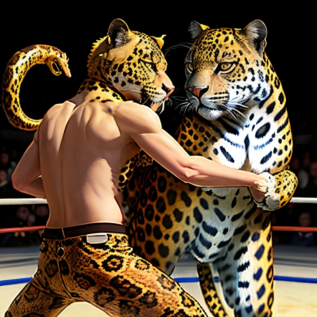 Golden jaguar fighting a golden rattlesnake