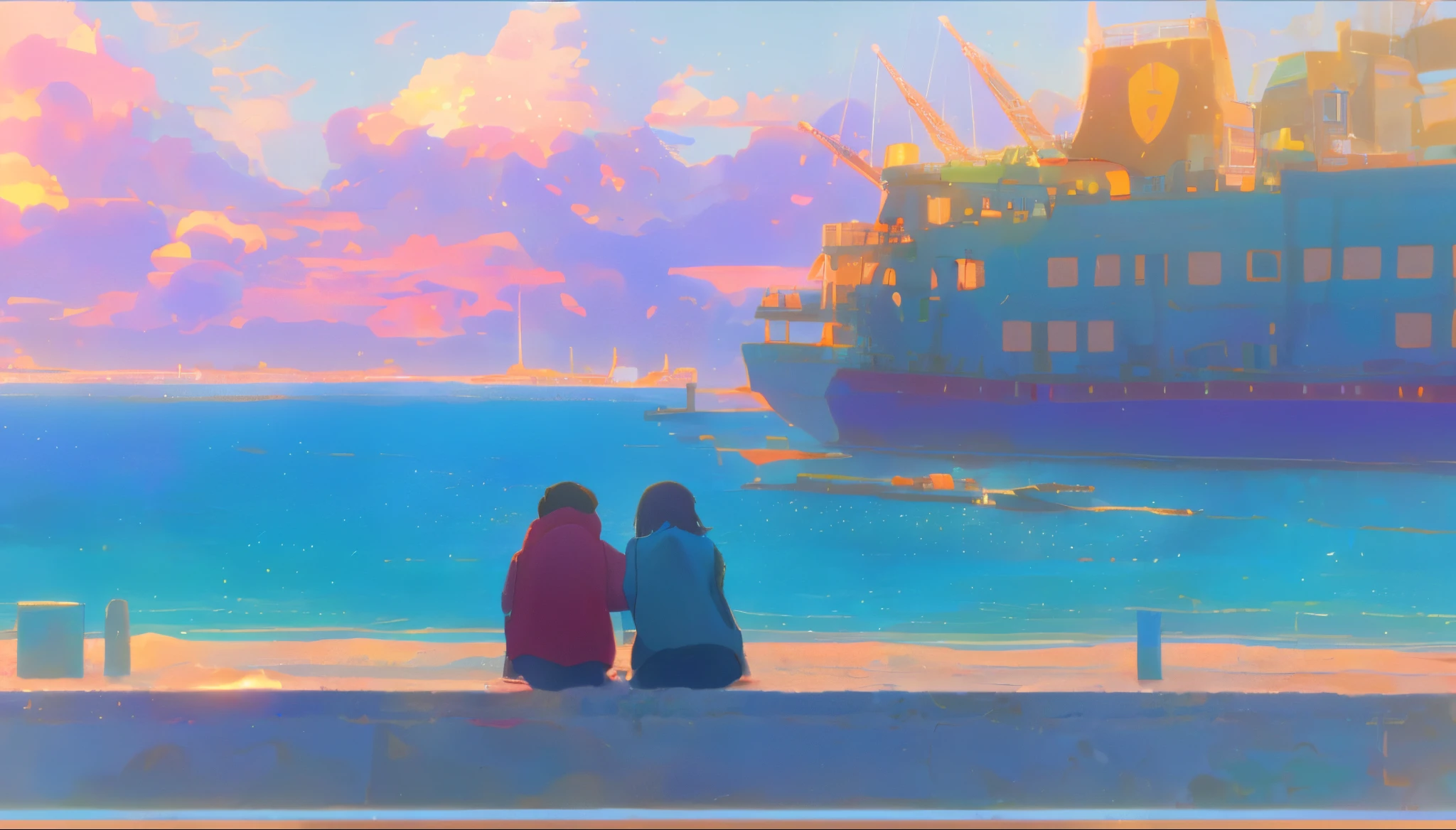 Image of two girls sitting on a bench looking at a big ship, Mare, sparkling sea, jpn，Blue tones，Enoshima,Sunnyday，inspired by Makoto Shinkai，Japanese anime，Osaka，Xinhai sincerely，The boat is docked at the pier, screengrab, beautful view, 18K，Super quality,the detail， documentary still, from the distance, shaped like a yacht,