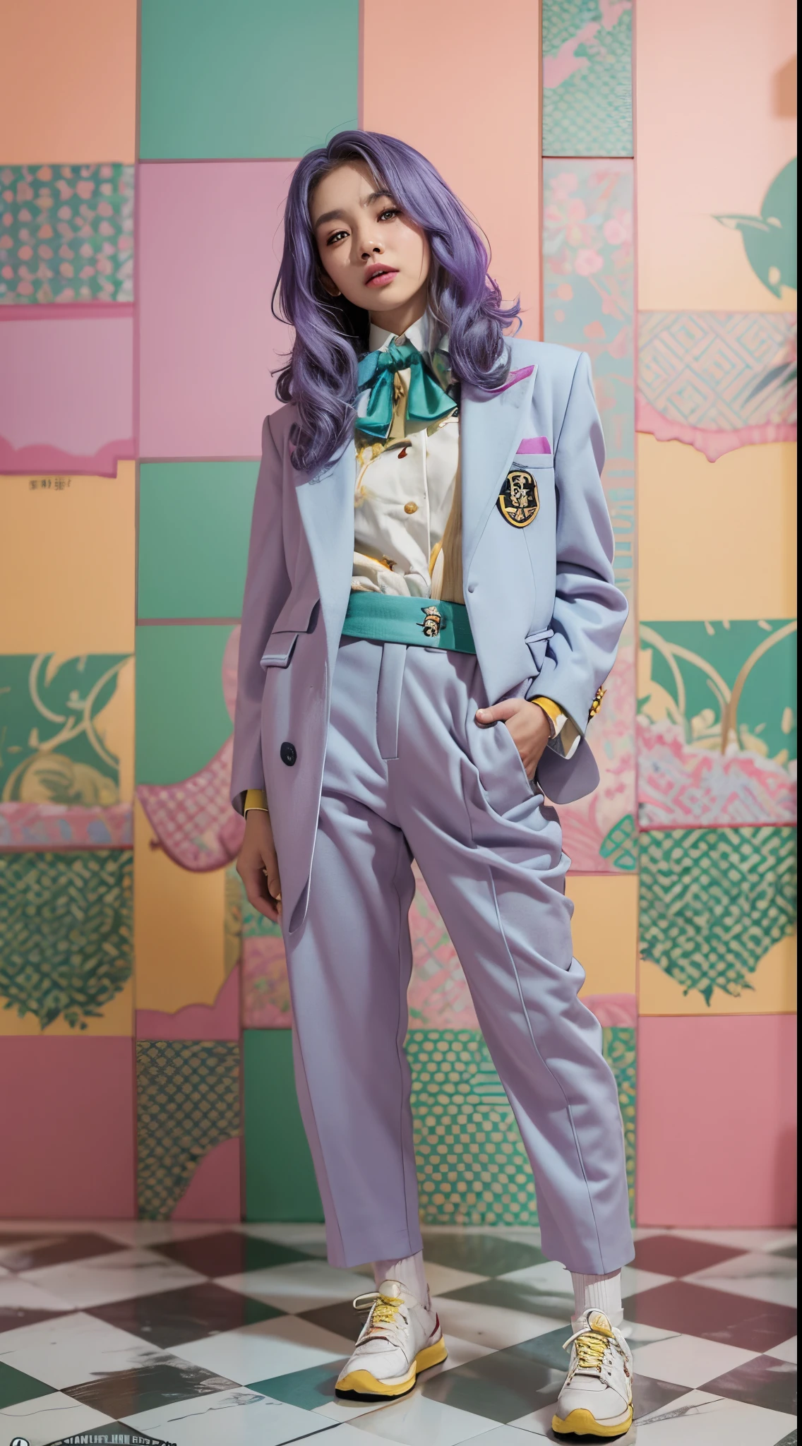 Vogue style photo shoot of malay teenage girl as character JOKER from the movie batman with pastel colored background in Wes Anderson style, hyper - realistic photography, Wes Anderson style, full body, 8k, close - up shot, extreme close - up photo