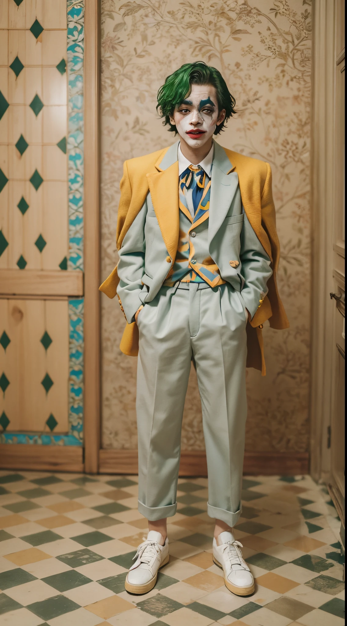 Vogue style photo shoot of malay teenage boy as character JOKER from the movie batman with pastel colored background in Wes Anderson style, hyper - realistic photography, Wes Anderson style, full body, 8k, close - up shot, extreme close - up photo