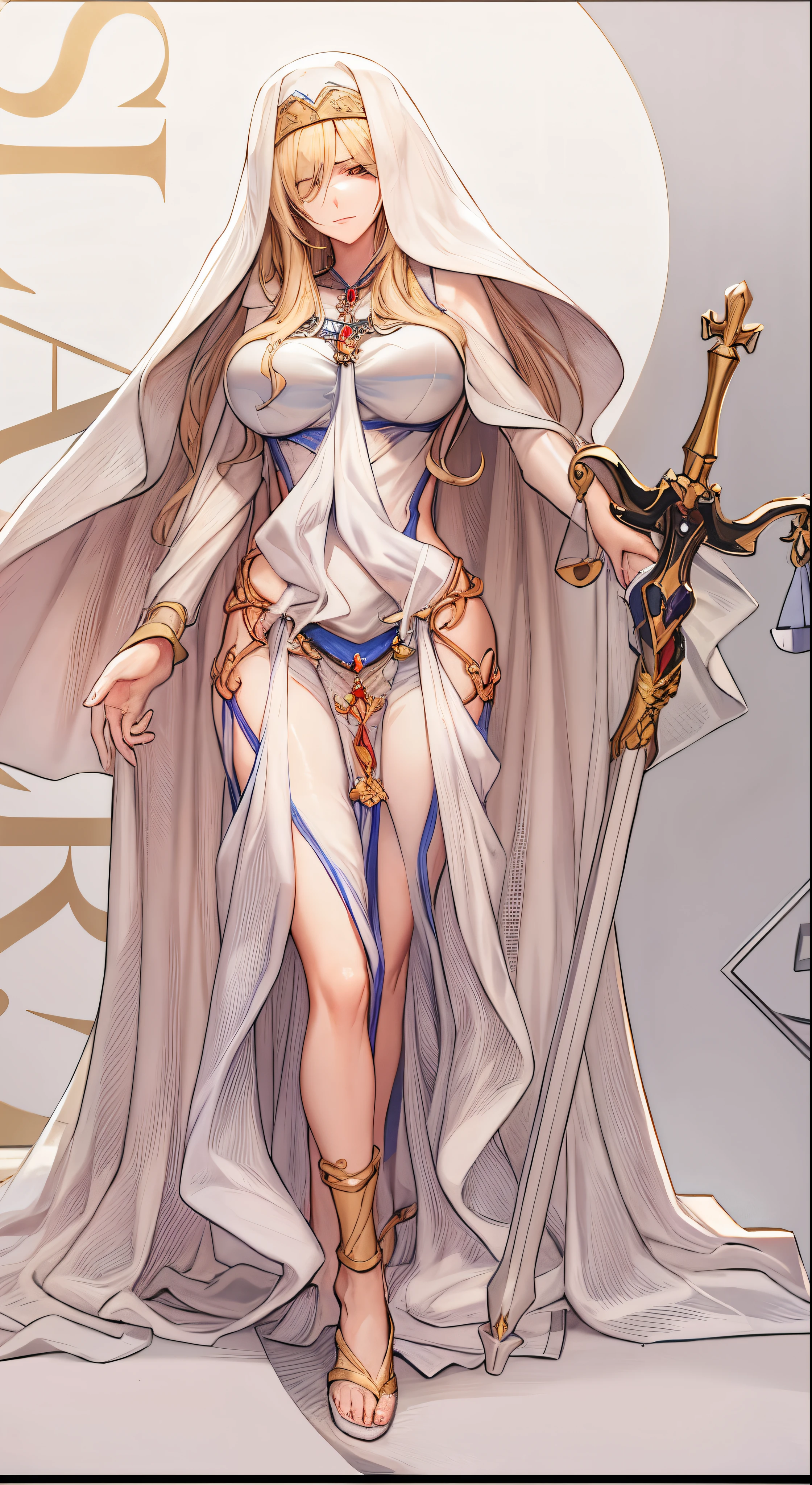 A woman in a white dress holds a sword and sword, zodiac knight girl, anime goddess, Goddess Hera looked angry, the goddess artemis smirking, A flowing white robe, White and gold priestess robe, Zodiac Girl Knight Portrait, Greek Titan goddess Themis, greek goddess aphrodite, high priestess, goddes. extremly high detail