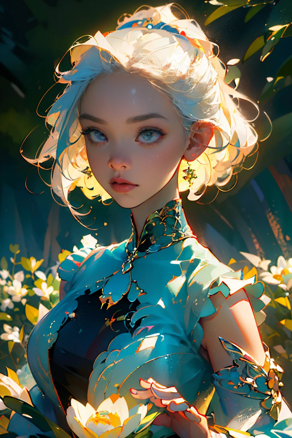 (8k, RAW photo, best quality, masterpiece: 1.2), (realistic, photorealistic: 1.37), ((best quality)), ultra high resolution, extremely detailed 8k CG wallpaper, physics-based rendering, cinematic lighting, full body, (bokeh: 1.4), ((((1girl))), (oval face), closed face
White-haired girl with multicolored shines, surrounded by a golden, heavenly, beautiful, bright aura,