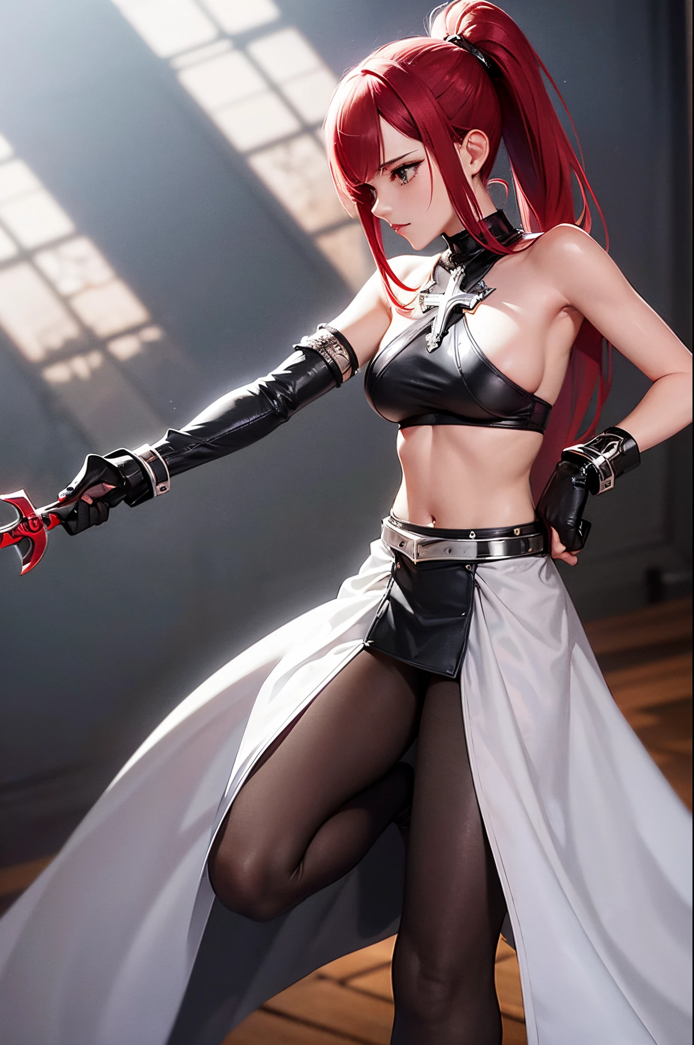 erza scarlet, half silver color steel breast plate with a cross pattern, bright red pupil, super mini battle skirt, holding giant silver boardsword, high pony tail, perfect body shape, 16k, sharp angel aura, steel hand glove, holy tattoo, long silk leggings, scarlet red color hair,silver color stylish pauldrons, 4k wallpaper quality, silver color bracelet, armlet, masterpieces, ultra body detail, best lighting