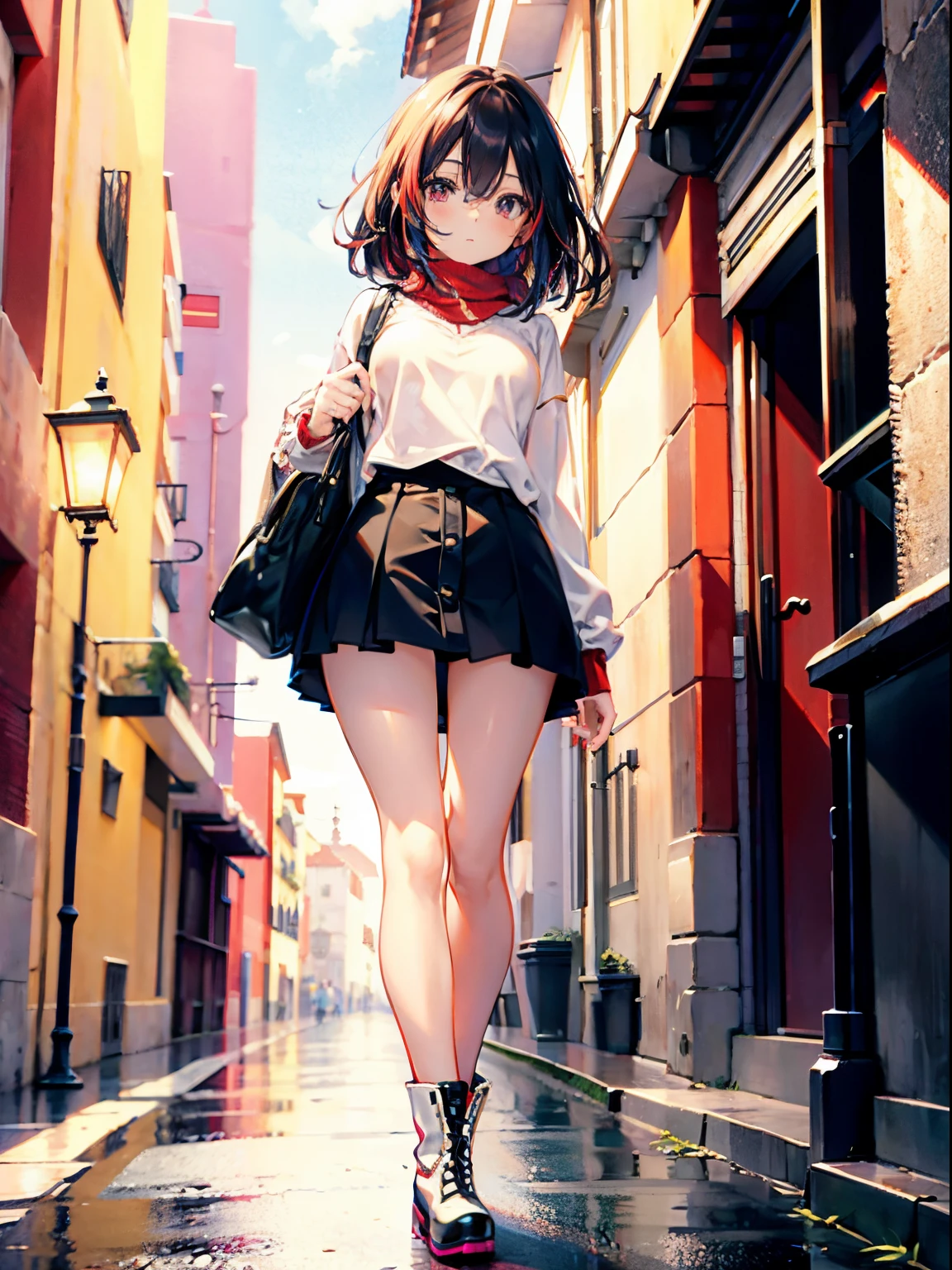 chica caminando en la lluvia, vestido una pieza blanco, pantis, botas, obra maestra, rostro hermoso, paraguas, cabello amarrado.