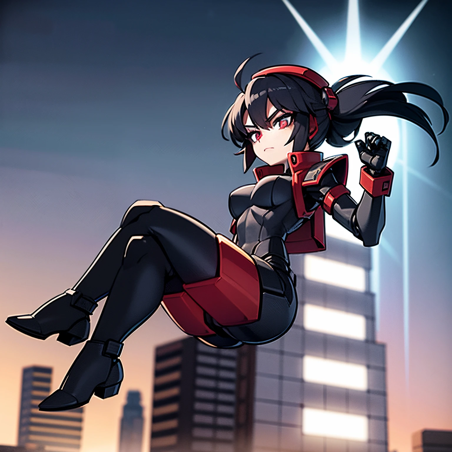 Young woman, dark blue hair, red eyes, goth girl, wearing black beret, mecha girl, robot girl, floating in air, robotic woman, metal in body, black iron, on a cyberpunk city, 4k, masterpiece, HD, anime 2D, good anathomy