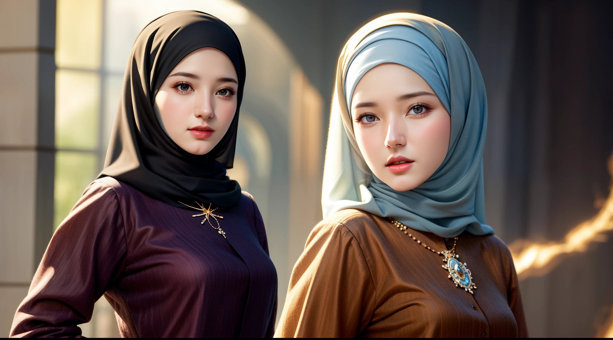 best quality, masterpiece, highres, moslem female dress, necklace, Beautiful face, (upon body from head to waist:1.37), tyndall effect, photorealistic, dark studio, rim lighting, two tone lighting, 8k uhd, dslr, soft lighting, high quality, volumetric lighting, candid, Photograph, high resolution, 4k, 8k, Bokeh, (hyperrealistic girl), (illustration), (high resolution), (extremely detailed), (best illustration), (beautiful detailed eyes), (best quality), (ultra-detailed), (masterpiece), (wallpaper), (photorealistic), (natural light), (rim lighting), (detailed face), (high detailed realistic skin texture), (anatomically correct), (solo), (1 woman), (heterochromic eyes), (detailed eyes), (sparkling eyes), (long legs), (big breasts), (dynamic pose), (concentrated expression), (wearing hijab:1.4), moslem headscarf.