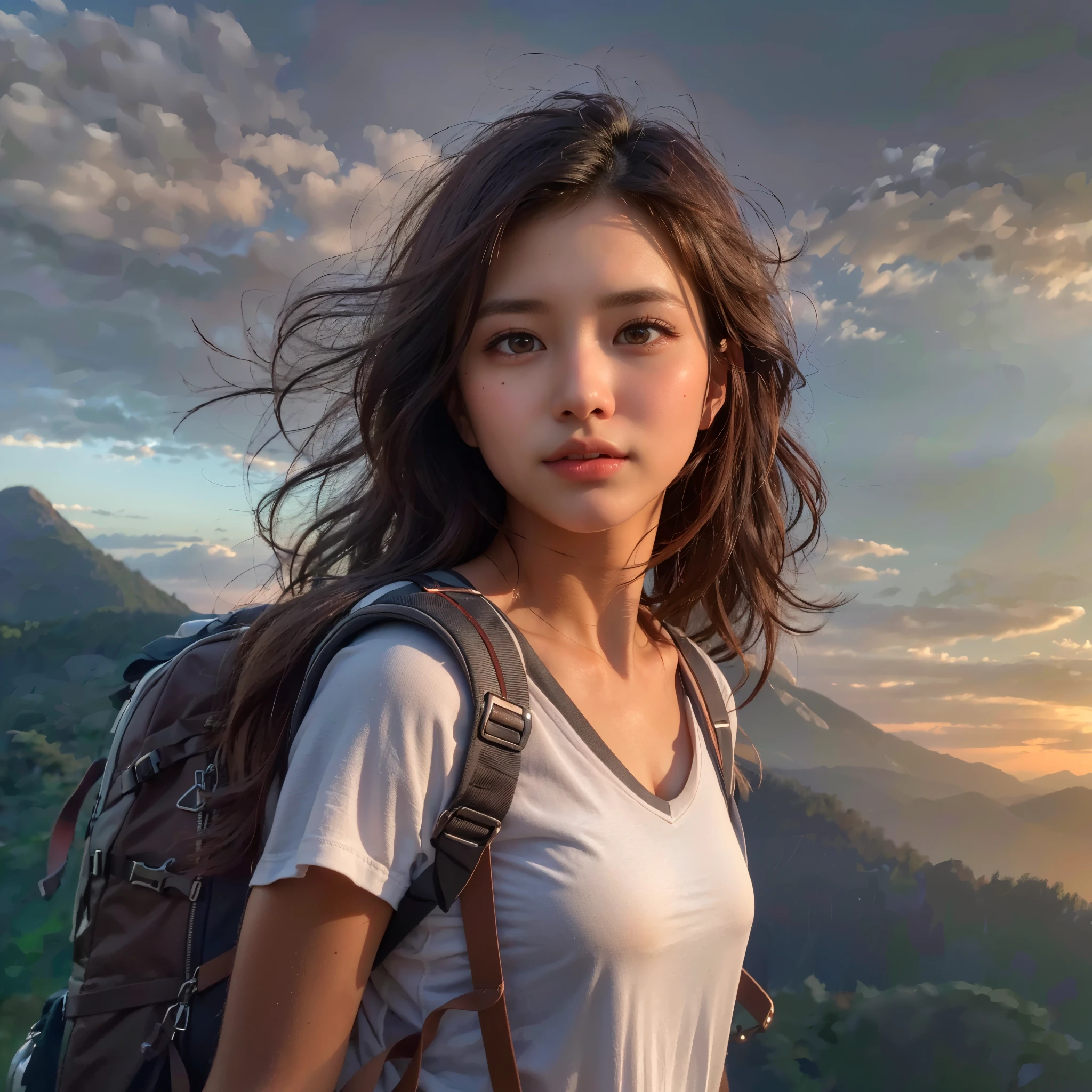 (Naturescape photography), (best quality), masterpiece:1.2, ultra high res, photorealistic:1.4, RAW photo, (Magnificent mountain, sea of clouds), (On a very high mountain peak), (sunset), (wideangle shot),  (Show cleavage:0.8),
(1girl), (Photo from the knee up:1.3), (18 years old), (smile:0.9), (shiny skin), (semi-long hair, dark brown hair), 
(Large white V-neck T-shirt, Trekking shorts), (Carrying a large backpack), 
(ultra detailed face), (ultra Beautiful fece), (ultra detailed eyes), (ultra detailed nose), (ultra detailed mouth), (ultra detailed arms), (ultra detailed body), pan focus, looking at the audience