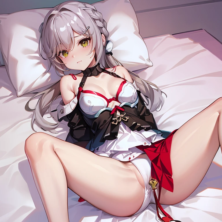 Best quality,one-girl,Bareleged,Lying on a white bed,soaked pubic hair,Soaked,spread their legs,A white bikini,embarressed,Very shy,dreads,Be red in the face,seductiv