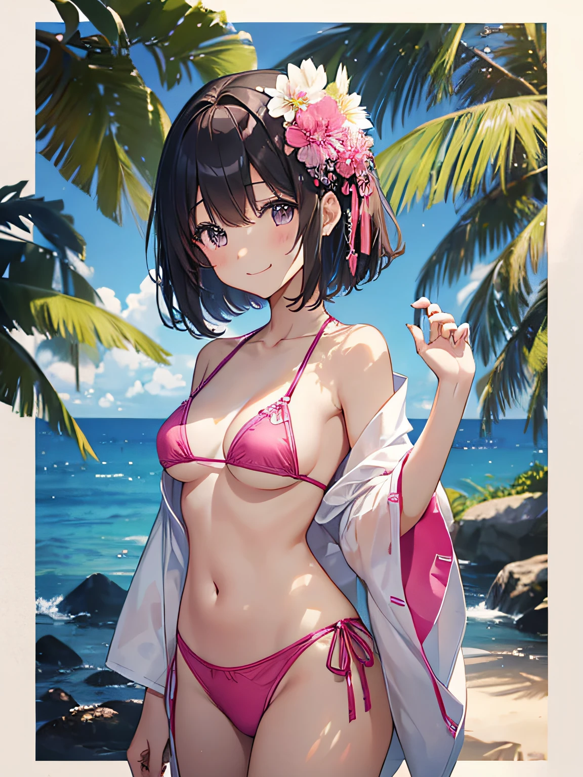 top-quality、extremely delicate and beautiful、female high-school student、japanes、((Pink Micro Bikini))、mesugaki、A smile、A dark-haired、Sea on jungle background、is standing、short-hair