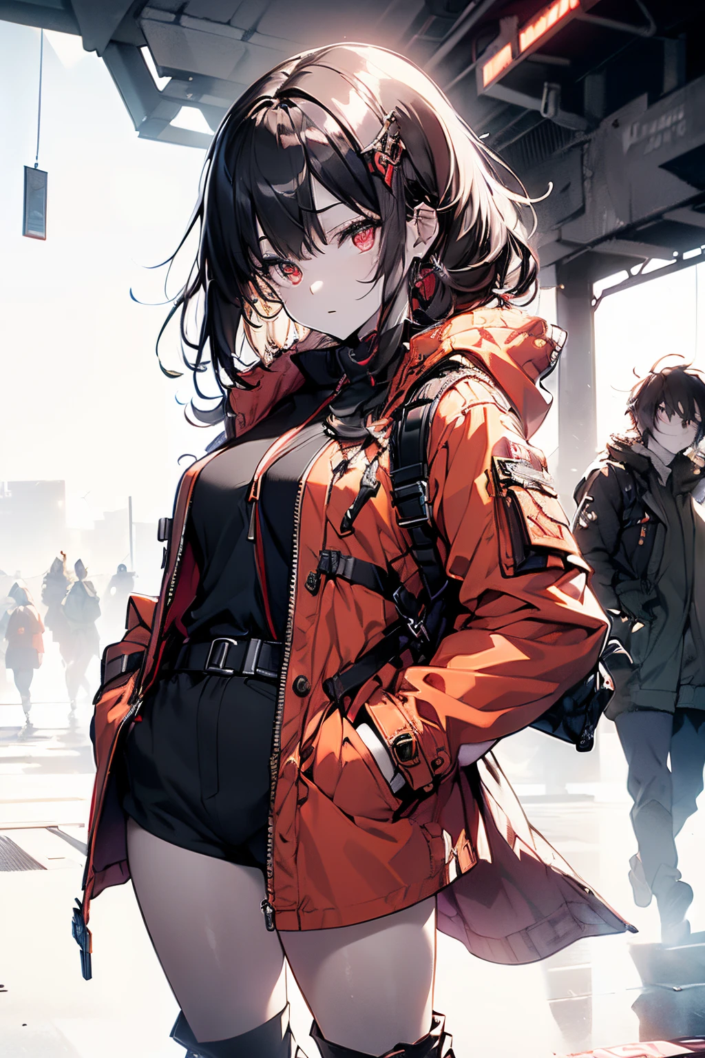 Full body, (masutepiece:1.2, Best Quality),(beautifull detailed face), High contrast, (Best Illumination, Extremely delicate and beautiful), ((Cinematic Light)), Dramatic light, Intricate details,(Pale white background:1.5), oversized red coat, Hands in pockets, Black hair, Red Eyes, body harnesses, Side tail hair,black military uniform, black skirt