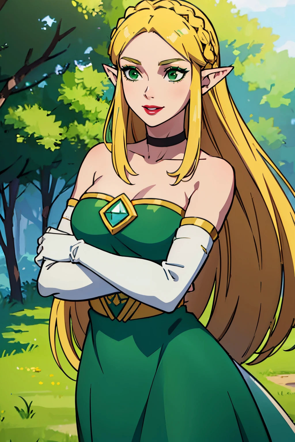 princess zelda, blonde hair, (green eyes:1.5), pointy ears, long hair, parted bangs, light blue dress, strapless dress, long white elbow gloves, smile, red lipstick,light dark purple eye shadow, makeup, black choker