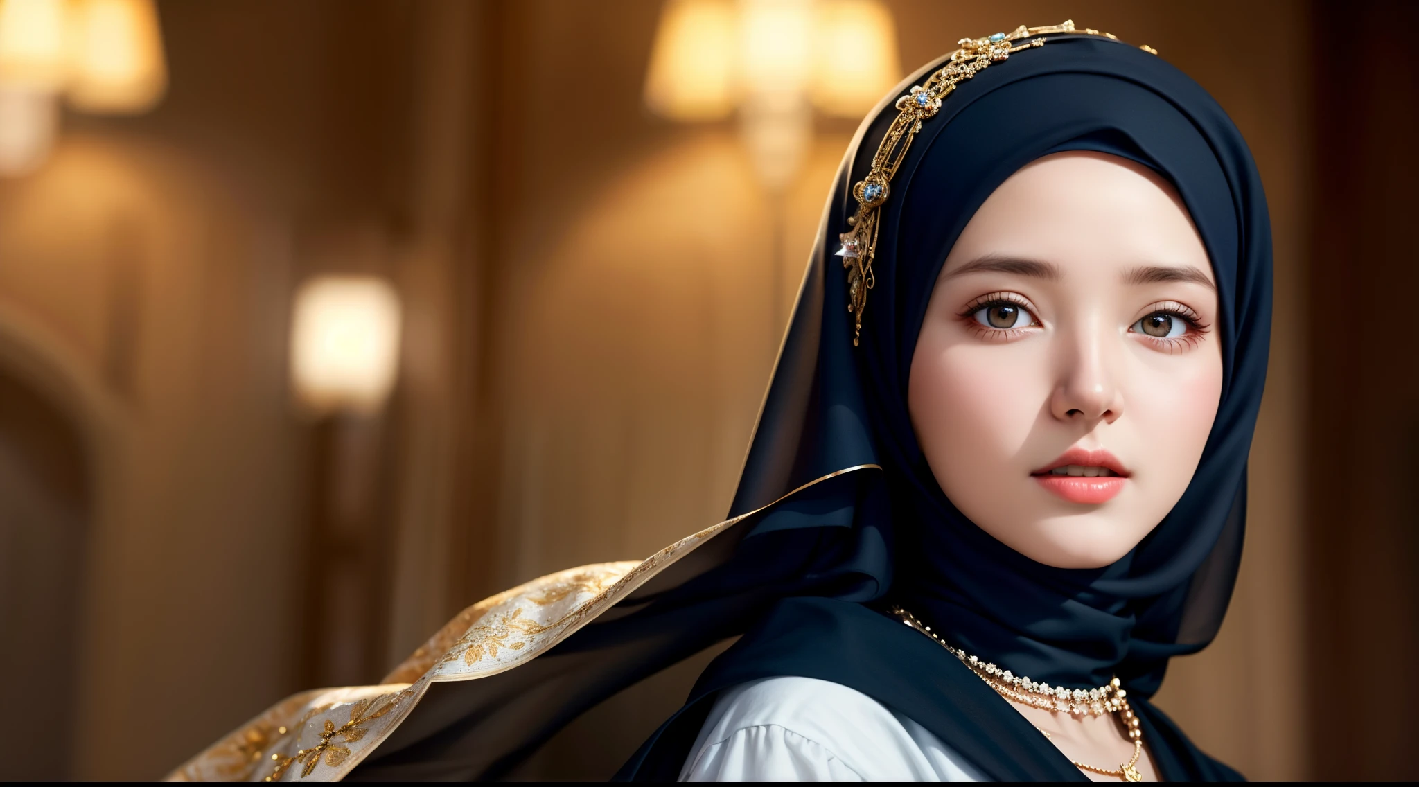 1girl, gorgeous Indonesian woman, silk abaya, hijab, smiling, shy, opened mouth, visible teeth, hot mom, full body portrait, (best quality,4k,8k,highres,masterpiece:1.2),ultra-detailed,(realistic,photorealistic,photo-realistic:1.37),HDR,UHD,studio lighting,ultra-fine painting,sharp focus,physically-based rendering,extreme detail description,professional,vivid colors,bokeh,portraits,warm color tones,dramatic lighting