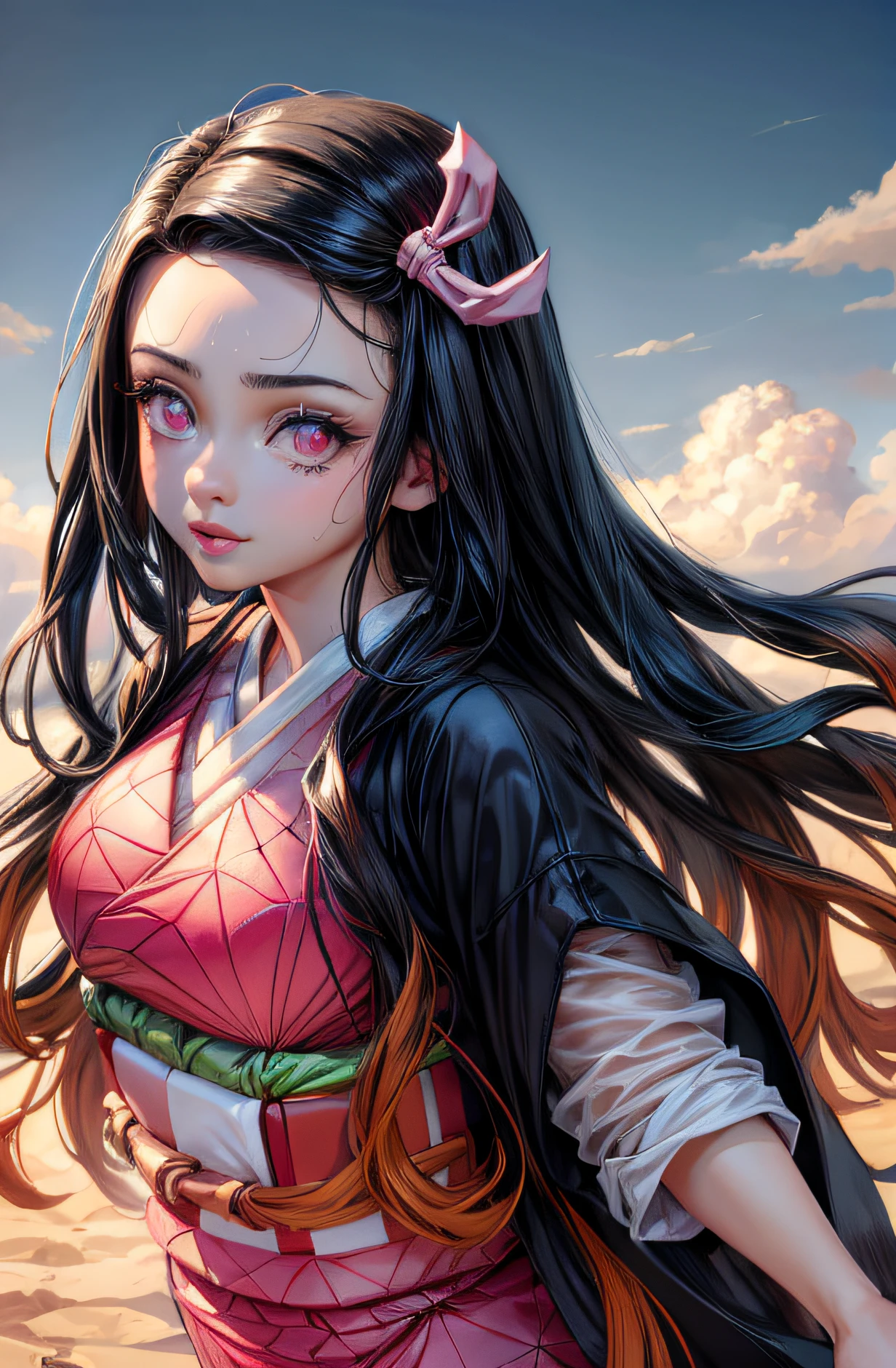 (Ultra Real), (Illustration), (High Resolution), (8K), (Very Detailed), (Best Illustration), (Beautiful Detailed Eyes), (Best Quality), (Ultra Detailed), (Masterpiece), (Wallpaper), (Detailed Face),Red Eyes, Night Up Upper Body, Ice Cream,Long Hair,Solo,Simple Kimono Top Girl, Sweaty, Japan Person, Big Tits, (Camel Toe) Nezuko Kamado, Flirty Smile,