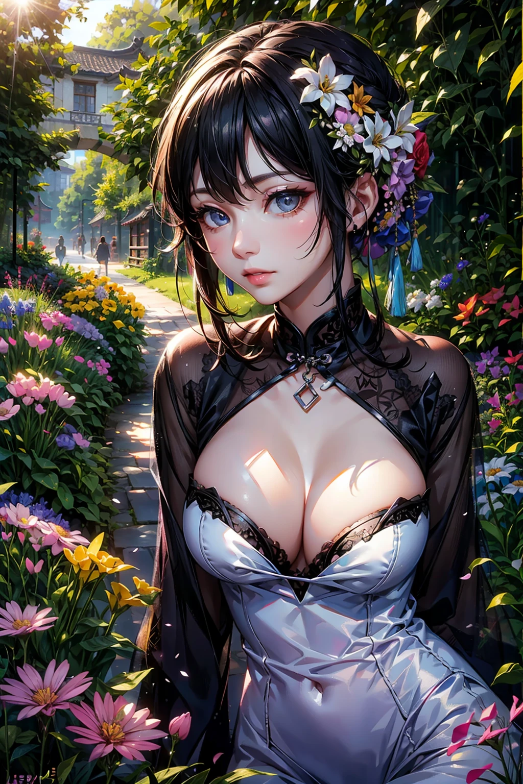 An outstanding masterpiece, High quality, Realistic, Vibrant colors, High-definition beauty face, Beautiful detailed eyes, Beautiful detailed lips, ((large full breasts)), girl, garden, Flowers, Sunshine, Soft lighting, 光线追踪, Lively atmosphere, Medium: Oil Painting, 35mm f/1.8, captured on canon eos r 6