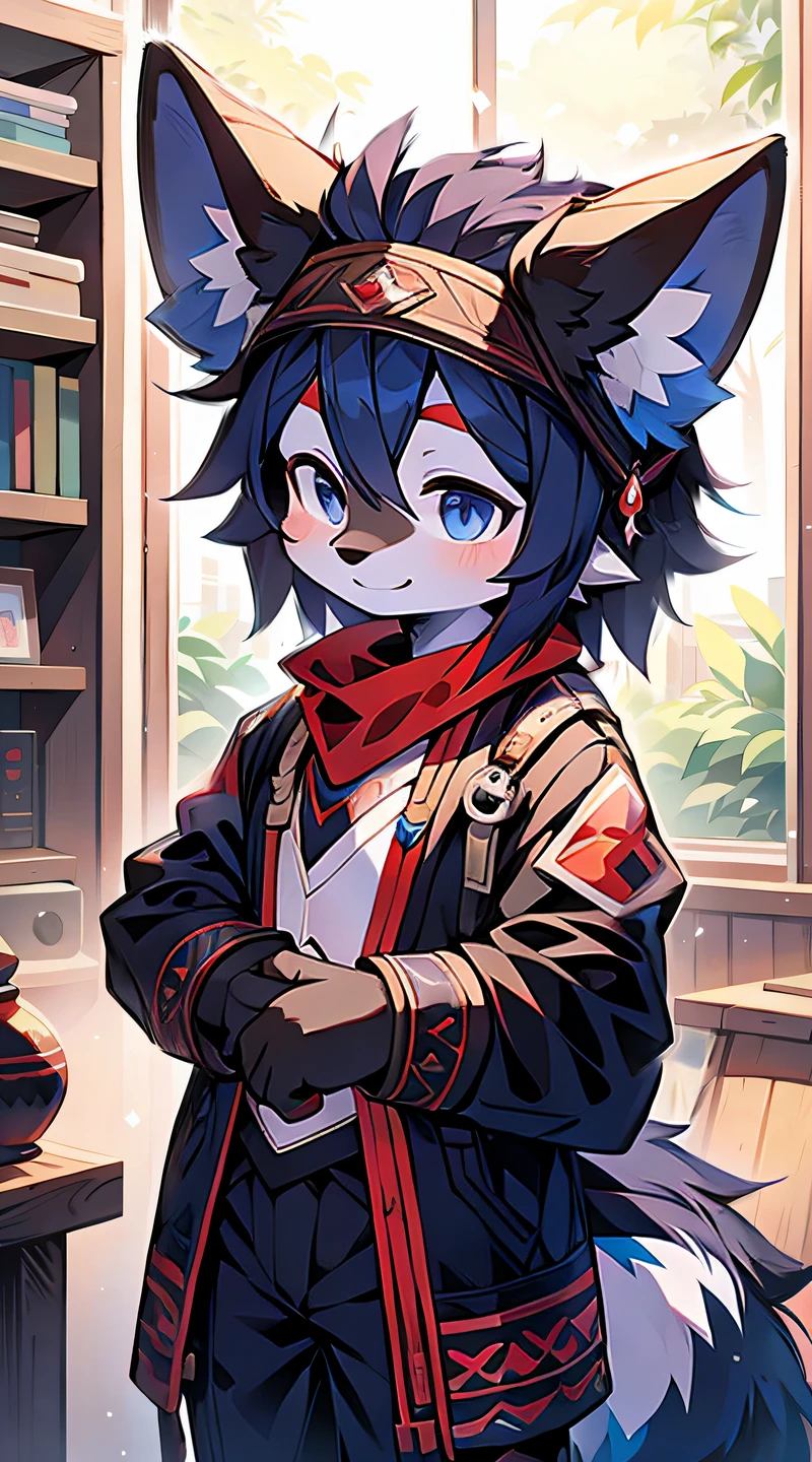 A wolf with a height of 180CM,bluish violet eyes, , cabelos preto e longos, end, The chest is slightly raised,red and black costume,with smile,Two small ears,White-skinned 0-year-old wolf,deep blue purple eyes, cabelos preto e longos, Breasts slightly protruding, Wear red and black clothes, with smile, Two small ears, and white skin. This work is created using a combination of illustration and oil painting, Generate high-quality images with ultra-detailed features. The lighting is set up to enhance the presence of the wolf, Featuring professional studio lighting and razor-sharp focus. The overall color of the image is blue-purple, Give it a mysterious and charming atmosphere.Facing you