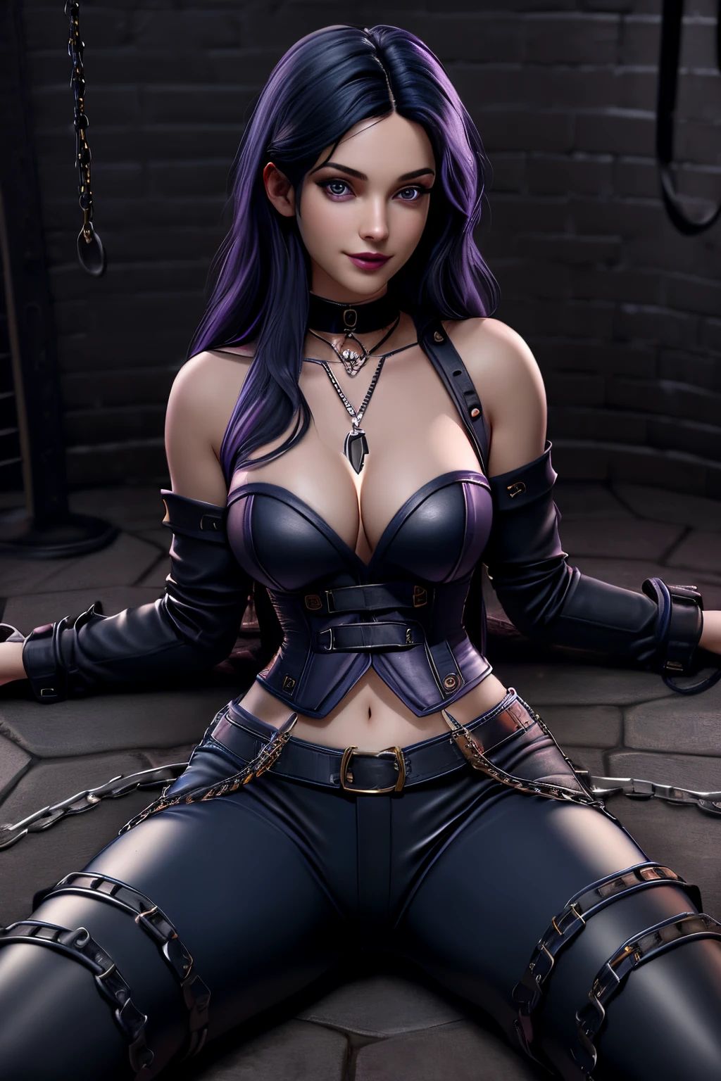 close up 1girl in, 20years, Solo, Aesthetic artwork, long dark blue hair, thick dark blue hair, light blue eyes, clear skin, pale skin, massive breasts, DD-Cup, cleavage, fit body, (round hips, thin waist: 1.25), (Sirius face, dark lipstick, mischievous smile:1.1), key necklace, (wearing leather corset purple, bare shoulders, leather pants:1.1), (action shot, laying down:1.25), (chains and whips in background, dark dungeon, cage bars:1.13), 4k textures, dark light, RAW intricate, elegant, highly detailed, sharp focus, ((((cinematic look)))), insane details, intricate details, hyperdetailed, low contrast, hard cinematic light, dim colors, exposure blend, hdr, faded