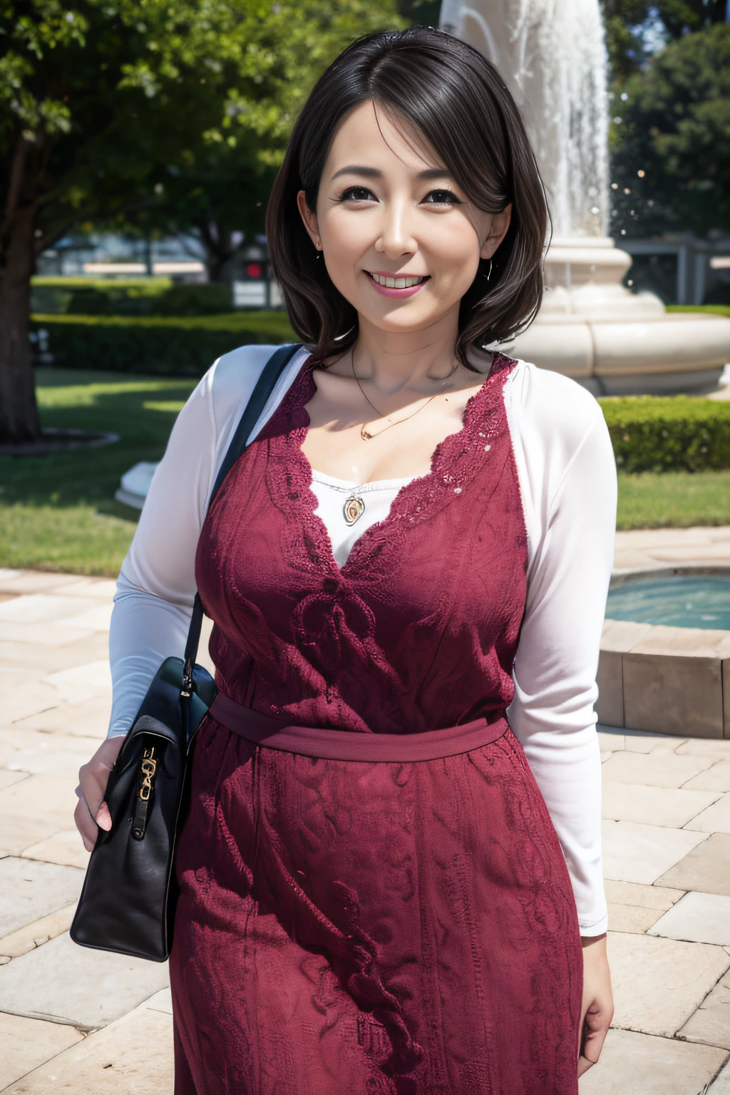 Woman standing in front of a park fountain waiting for me..She has her hands behind her back and is holding a handbag.A woman wearing a brightly colored knit and skirt.She is looking up and smiling bewitchingly. J-cup tits, looks like Hitomi Kuroki.Natural wrinkles. Wrinkles at the corners of the eyes. fleshy feeling. highest quality.Mature, 45 years old.bewitching smile.woman of good style.Temptation.Looking Camera.Black hair