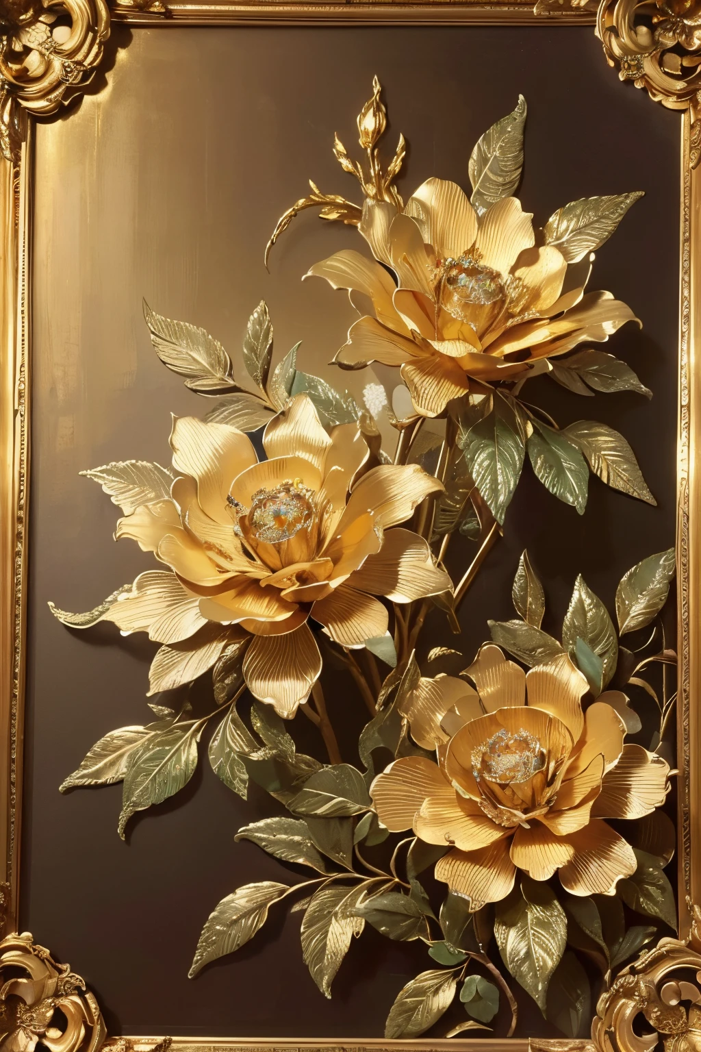 tmasterpiece, Best quality,baroque element,Detailed 4K oil painting,Stunning and rich in detail,There is a painting of metal flowers,leaves made of silver,roses made of gold,Flowers and gold,gilded relief,detailed flowers,ornate flowers,Golden flaky flowers,Flowers with intricate details,Chaotic gold leaf flowers,gilded with gold,Flowers。