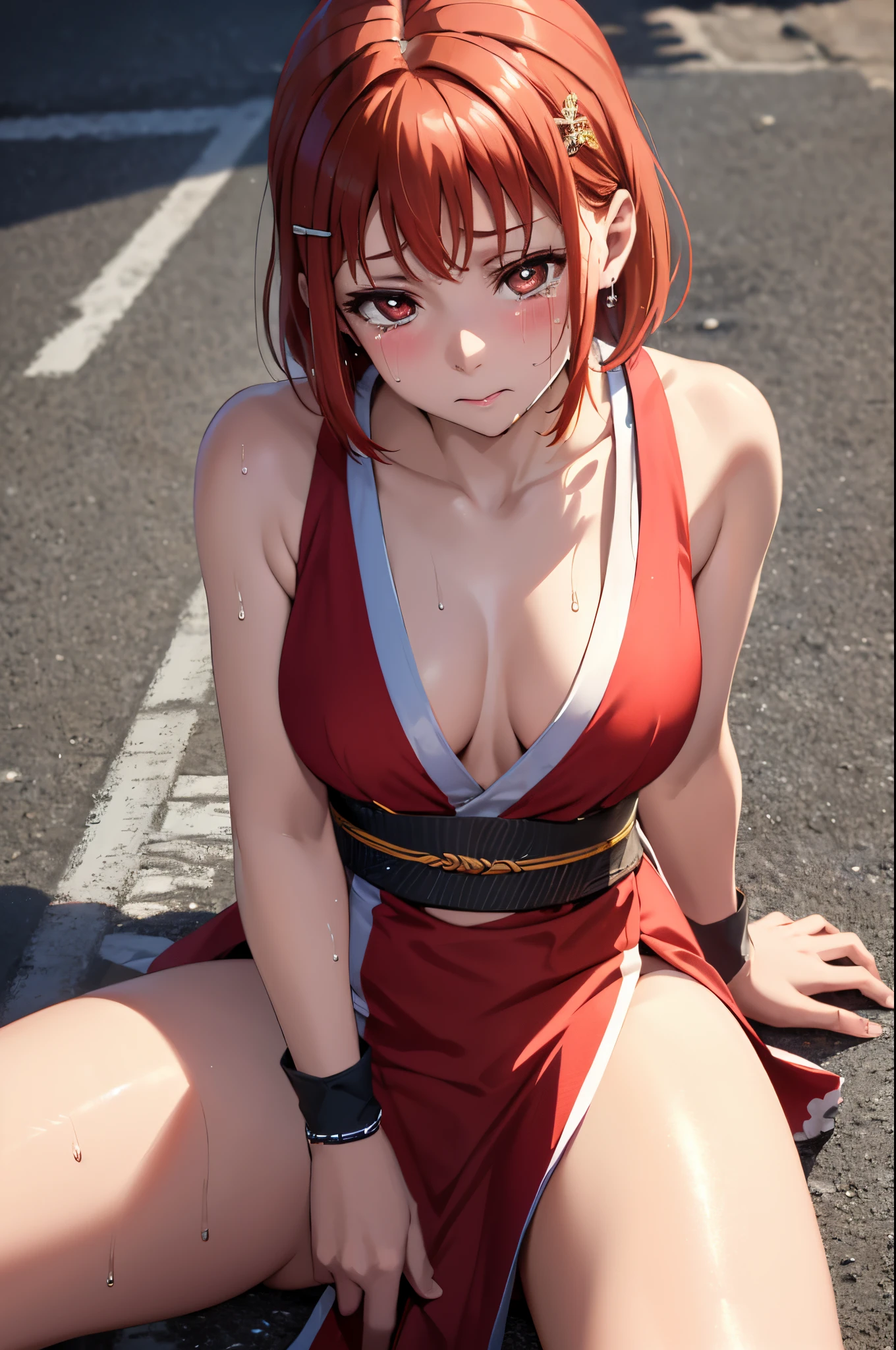 (best quality,4k,8k,highres,masterpiece:1.2), solo,ultra-detailed, on ground , street, sitting,(spread legs:1.2),takami chika, embarrassed, crying eyes, Blushing, thighs, cowboy shot, hair ornament, from above, sweat drops,sweating,kunoichi dress, short hair, sexy