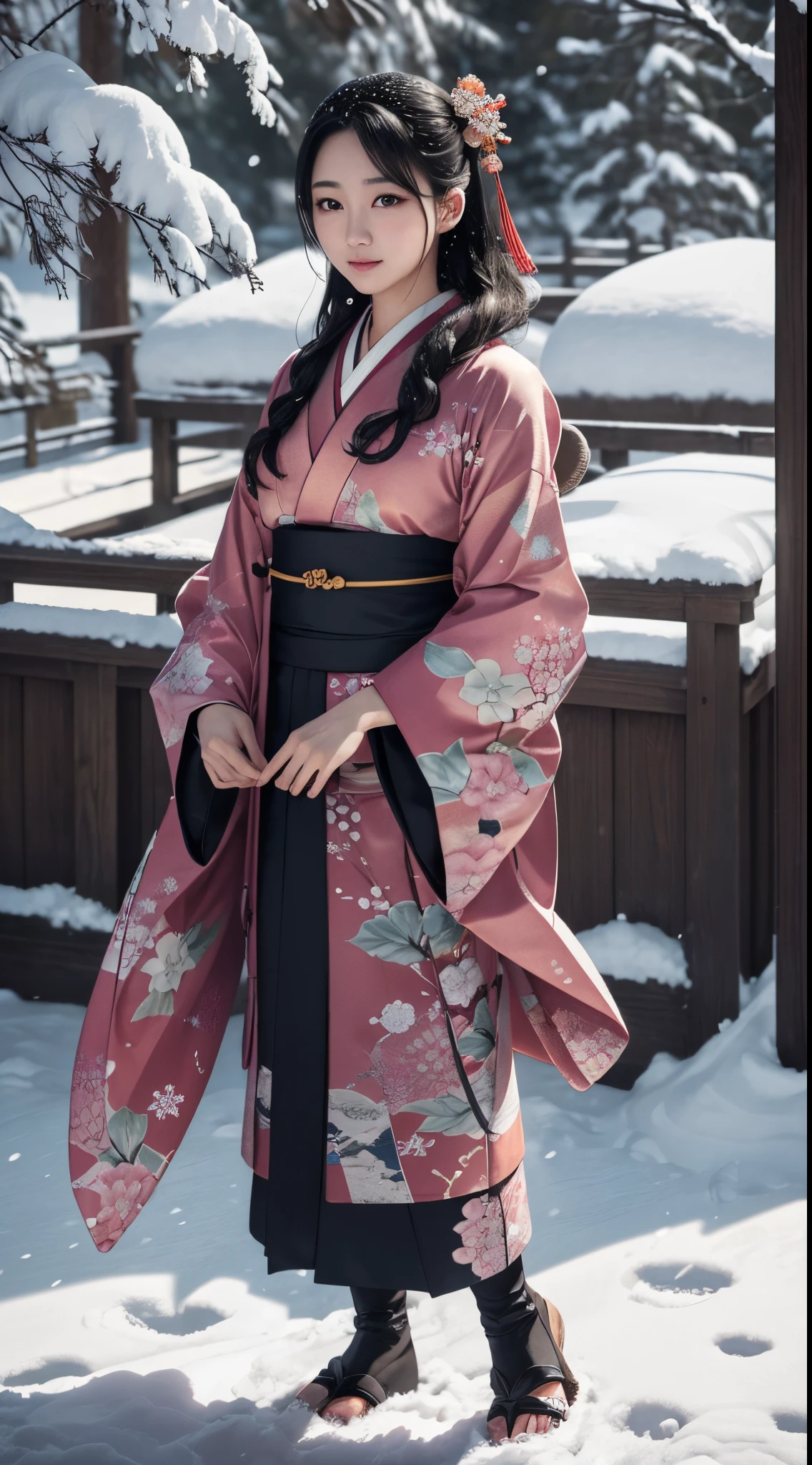 ((Kimono))、(full body Esbian)、(top-quality,​masterpiece:1.3,超A high resolution,),(ultra-detailliert,Caustics),(Photorealsitic:1.4,RAW shooting,)Ultra-realistic capture,A highly detailed,high-definition16Kfor human skin、 Skin texture is natural、25-years old、The skin looks healthy with an even tone、 Use natural light and color,One Woman,japanes,,kawaii,A dark-haired,Middle hair,(depth of fields、chromatic abberation、、Wide range of lighting、Natural Shading、)、、(Falling snow:1.1)、(Hair swaying in the wind:1.3)、(Snow reflects light:1.3)、Light in the eyes、Looking at the camera