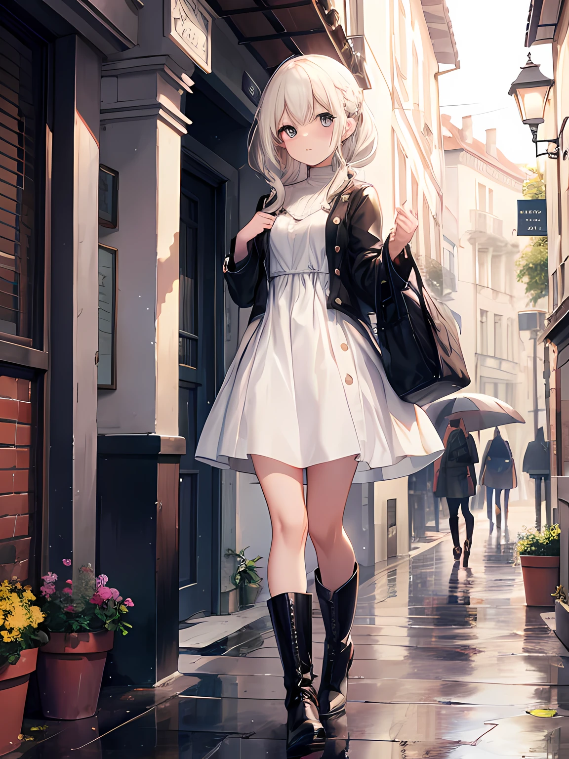 chica caminando en la lluvia, vestido una pieza blanco, pantis, botas, obra maestra, rostro hermoso, paraguas, cabello amarrado.
