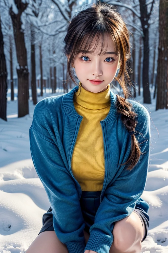 (masutepiece:1.3, Photorealsitic:1.4, 8K), top-quality, ​masterpiece, 超A high resolution, Perfect dynamic composition, Highly detailed skin and facial texture:1.3, A detailed eye, Detailed limbs, Winters, snowflakes falling:1.2, Snowy landscape:1.2, 1girl in, Cute sexy 22 year old slim woman, Fair skin, tilt the neck, ((A smile:0.9, Totally captivates you:0.9)), (Blue coat:1.5, Yellow-green long sleeve turtleneck sweater:1.2, High waist mini skirt:1.1), ((voluptuous breasts:1.0)), Short boots, (Facing the front, Squat with your knees bent), (Beautiful blue eyes, Eyes that feel beautiful eros:0.85), Sexy face:0.4, (A mouthfeel that feels beautiful eros:0.85), ((Too erotic and cute:0.9))