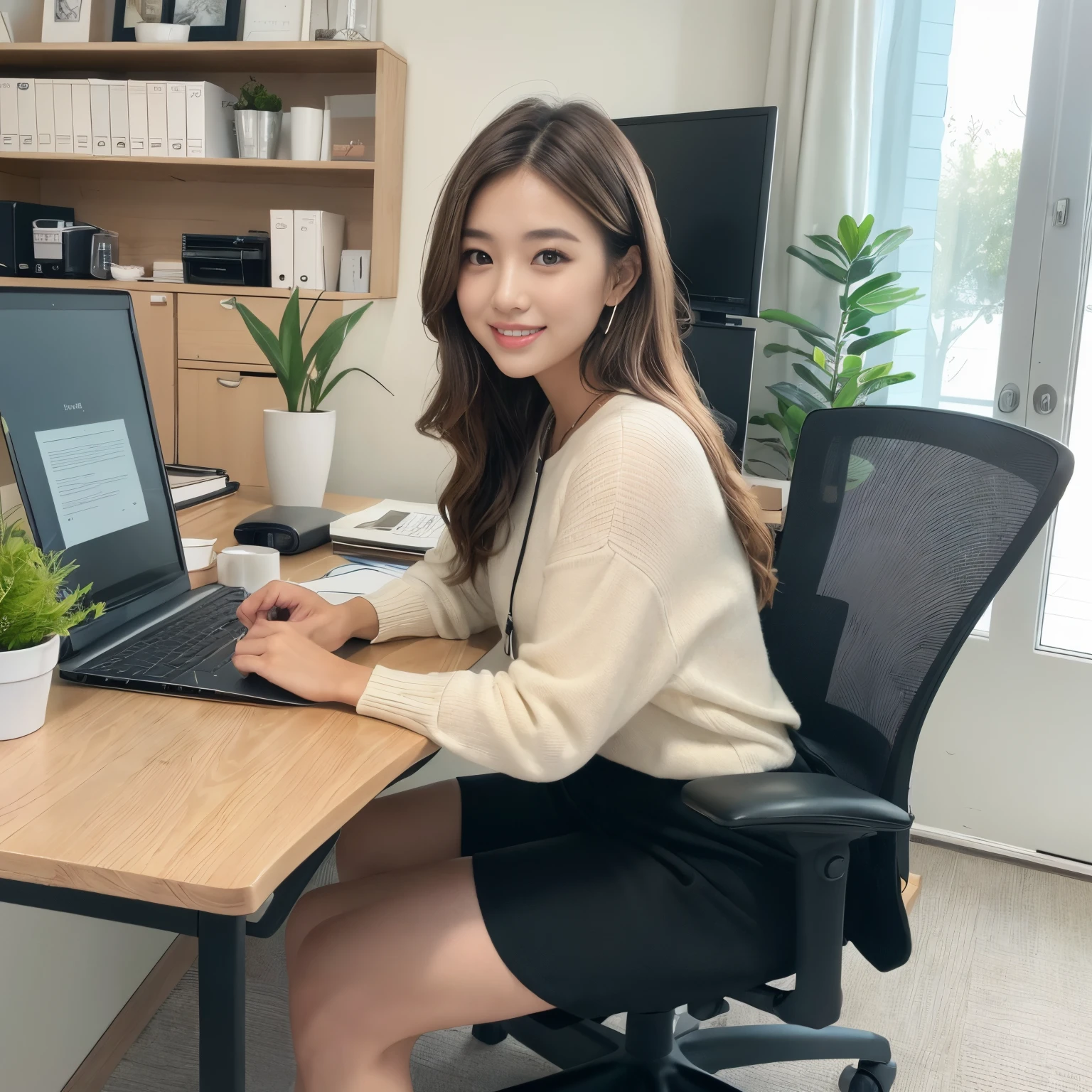 ((top-quality、masutepiece、8K、Top image quality))、1人の女性、Photographing a Woman、A slight smil、View me、Office casual attire、modern and cozy office space、very cozy designed office、wide々open office、Natural light、Clean and comfortable、Shelf with many files stored on it、1 houseplant、comfortable office chair、exact one desk、Bright interior、Refreshing atmosphere