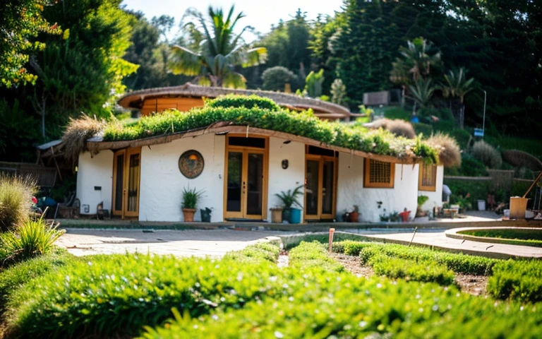 A photograph of a symmetrical contemporary house with (((one waved green roof))) and (((biological pool))) in a tropical backyard, mustard yellow terracota plaster walls (((rustic clay stucco))), ((corner walls rounded)), ((rustic clay plaster)), (((terracotta walls with rounded corners, organic curves))), (((rustic earth plaster, mud))), (((wave-shaped green roof with wooden edge))), (((wooden roof structure, wooden rake, wooden fascia board))), eaves, porch with wooden pillar, ((roof with wooden structure)), In Bali (((Tropical garden))), ((natural houses, organic buildings, organic architecture)), Ecovillage, sustainable architecture, Bioconstruction architecture, solarpunk architecture, (((grass roof, green roof, green wave roof, rounded roof, vegetated roofs))), ((green architecture)), Passive house, (((Rock Foundation))), Clear sky in the background, painful beauty, modern, imposing, green house, ((Bali hobbit Hadid Style)), super resolution, cinematic, color grading, editorial photography, photography, photo shoot, (((dramatic front eye top angle view))), O 50mm, depth of field, intricate details, natural colors, sharp focus, warm light, shutter speed 1/1000, F/22, White Balance, Ray Trace Reflections, Lumen Reflections, Screen Space Reflections, Diffraction Rating, Chromatic Aberration, GB Shift, Partial Lighting, Backlighting, Daylighting, Scan Lines, ambient occlusion, antialiasing, shaders, OpenGL-Shaders, GLSL-Shaders, Post-processing, post-production, shading, tone mapping, incredibly detailed and complex, hypermaximalist, elegant, hyperrealistic, super detailed, dynamic pose, Fujifilm XT