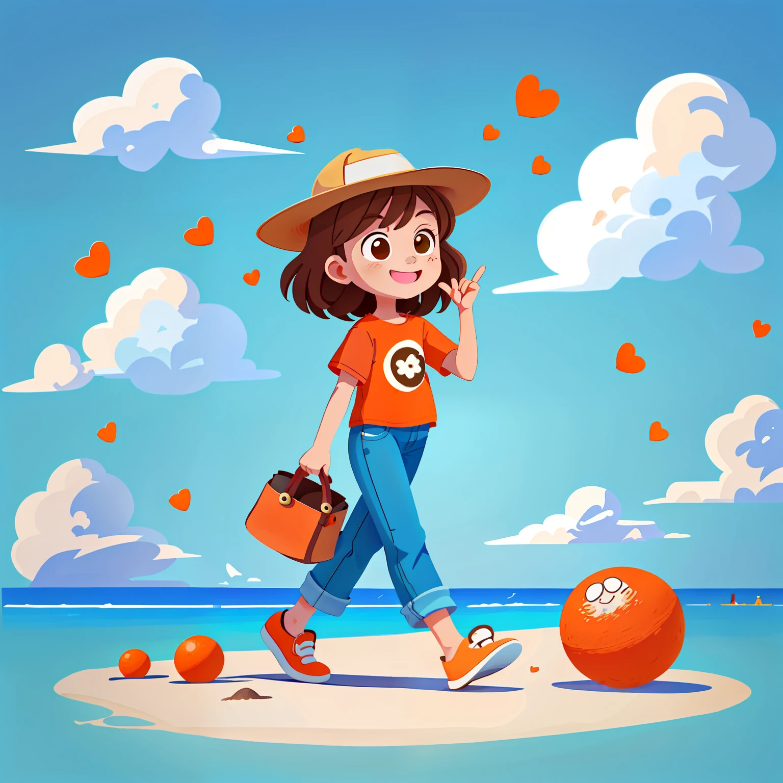 Girl with brown hair，Wear a short-sleeved T-shirt，wearing a denim pants，（wearing hat)，Stroll on the beach，orange colors，Blue sky and white clouds，夏天，（There is love）Happy，Surrounded by love，Surrounded by love，O sign，vector，line art，designs，inspiration，straight line，RHAD