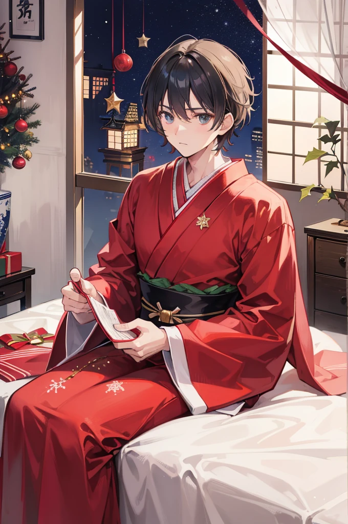 (of a man)，boy，mature，Handsome face，Christmas dresses，A Japanese-style room，christmas，Christmas decorations
