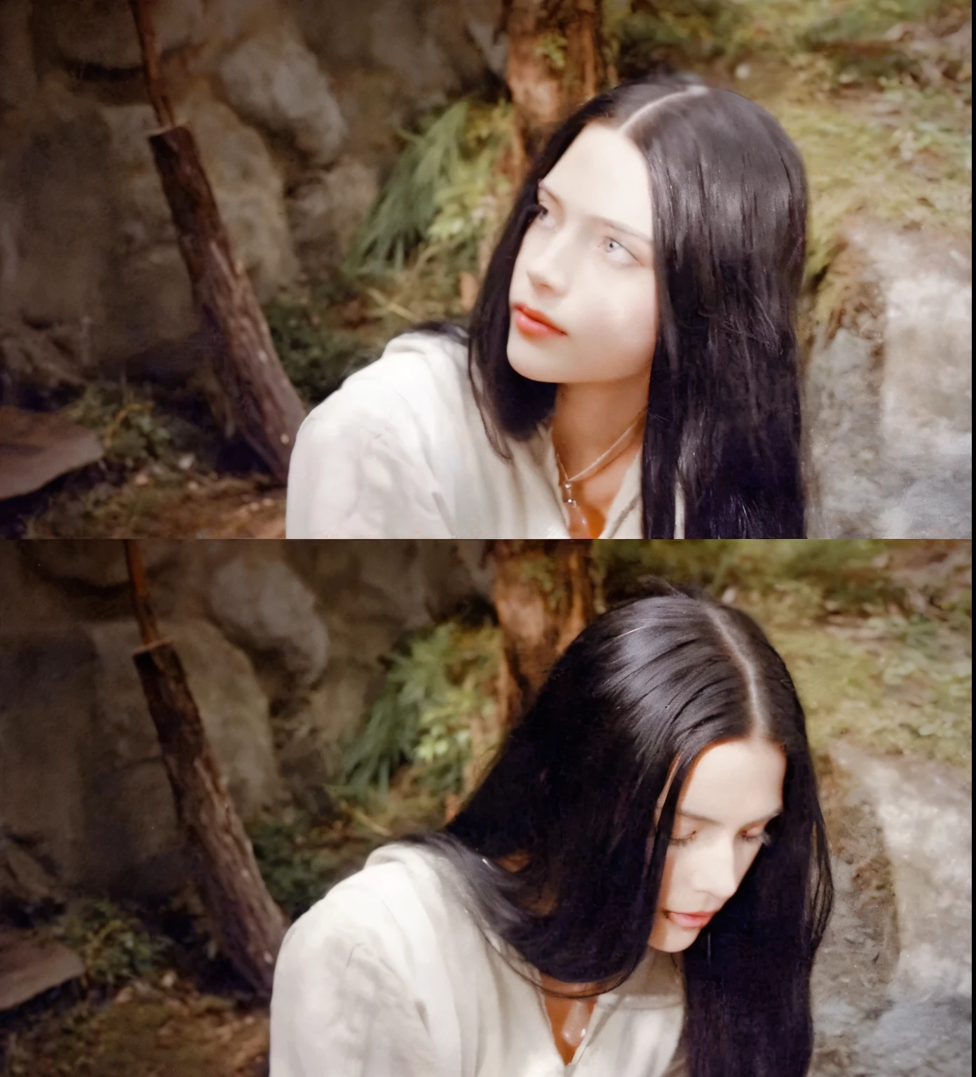 Has long black hair、Woman in white shirt, 4k高清. snow white hair, Her scenes in Rivendell, Elf long braided brown hair, fair skin, This woman has long black hair, inspired by Marina Abramović, color lens, Color film still 1 9 7 7, Still from a fantasy movie
