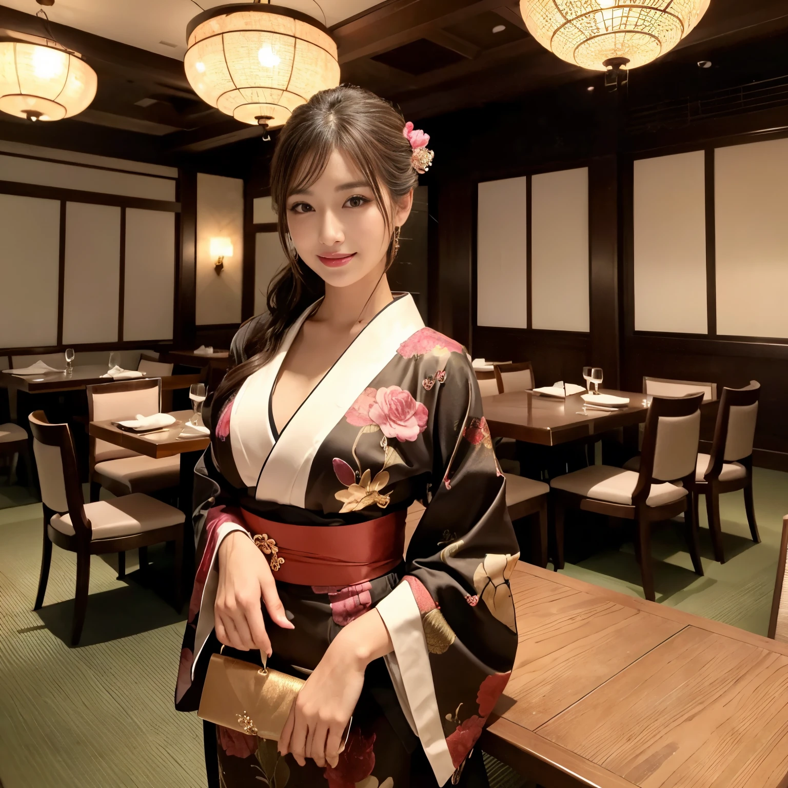 ((top-quality、masutepiece、8K、Top image quality、super-fine))、1 beauty、Photo from the waist of a woman、very luxurious kimono、very elegant kimono、Tastefully put together hair、Perfect makeup、Gorgeous hairpin on your head、The background is a private room in a high-end restaurant.、Private room at a high-end restaurant in Ginza、Kaiseki、Private room、Banquet Hall、Interior of a very upscale Japanese restaurant、elegant warm lighting、gorgeous lighting built into the ceiling、It has the atmosphere of a Kyomachiya...、Traditional atmosphere of the Japan、It feels very luxurious、very luxurious atmosphere、The most luxurious and elegant interior、The most exclusive atmosphere in the world))、She's looking at me、Smile at me、perfect anatomia、A detailed face、Perfect fingers