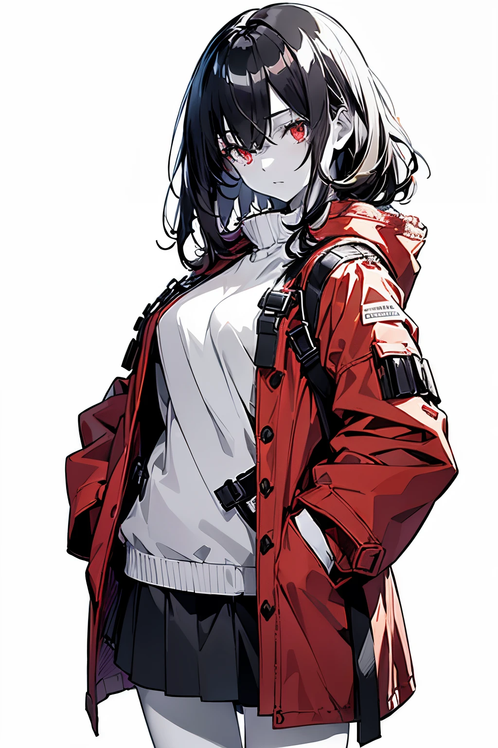 1 girl, Full body, (masutepiece:1.2, Best Quality),(beautifull detailed face), High contrast, (Best Illumination, Extremely delicate and beautiful), ((Cinematic Light)), Dramatic light, Intricate details,(Pale white background:1.7), oversized red coat, Hands in pockets, Black hair, Red Eyes, body harnesses, Side tail hair,black military uniform, black skirt