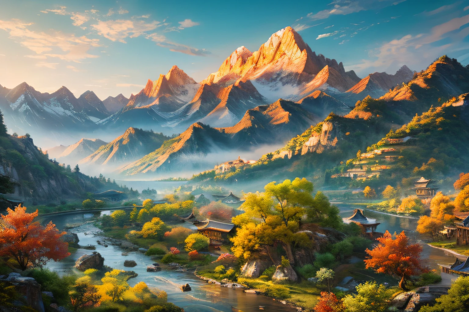 Ancient Chinese Landscapes, mountainscape, rivers, Auspicious clouds, Sunshine, Masterpieces, Super Detail, epic composition, Ultra HD, High quality, Extremely detailed, Official art, Unified 8K Wallpaper, Super Detail, 32k -- v 6