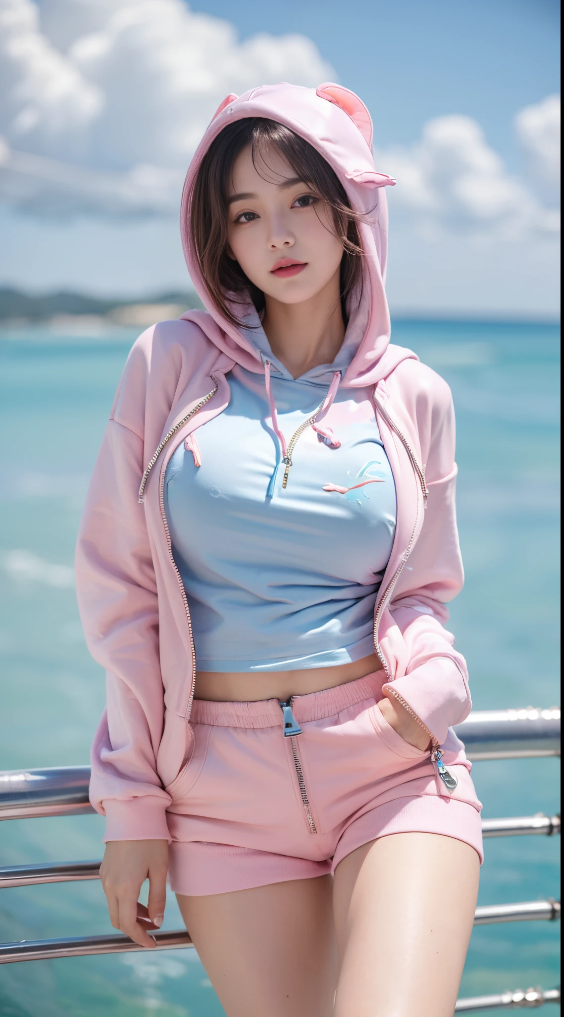 ((Top Quality, 8K, masterpiece:1.3)), (Focusing:1.2), (Perfect Body Beauty:1.4), ((delicate hair)), Highly detailed facial and skin texture, Fair eyes, Double eyelidd, Glossy skin, Sorrisos, Wearing a necklace, Glossy face, smaller face, (tits huge:1.3), 20yo, ((Casual Open Zipper Hoodie:1.4)), Beautiful smile, (Short hair fluttering in the wind), Huge and beautiful clouds, blue-sky, (Pink Dolphin Shorts:1.3),