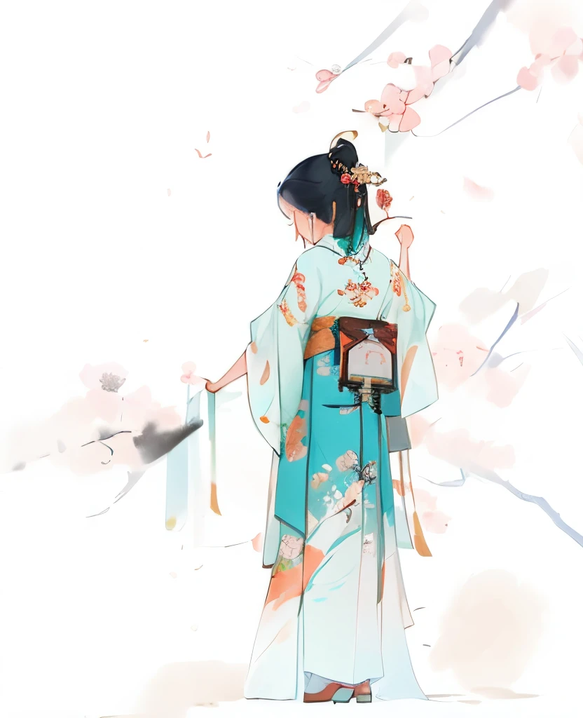 A small child，Wearing Chinese classical traditional Hanfu，She turned her back to us，（One hand raised above head，drawing with brush），-ar 3:4 -q 2 -s 750 -niji 5（Ink painting and watercolor、Traditional chinese painting、meticuloso、Traditional chinese painting、Oil brush strokes、）