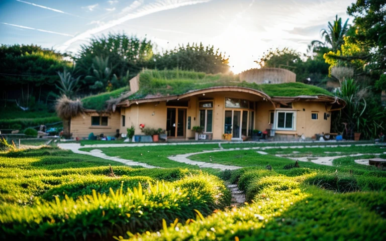 A photograph of a symmetrical contemporary house with (((one waved green roof))) and (((biological pool))) in a tropical backyard, mustard yellow terracota plaster walls (((rustic clay stucco))), ((corner walls rounded)), ((rustic clay plaster)), (((terracotta walls with rounded corners, organic curves))), (((rustic earth plaster, mud))), (((wave-shaped green roof with wooden edge))), (((wooden roof structure, wooden rake, wooden fascia board))), eaves, porch with wooden pillar, ((roof with wooden structure)), In Bali (((Tropical garden))), ((natural houses, organic buildings, organic architecture)), Ecovillage, sustainable architecture, Bioconstruction architecture, solarpunk architecture, (((grass roof, green roof, green wave roof, rounded roof, vegetated roofs))), ((green architecture)), Passive house, (((Rock Foundation))), Clear sky in the background, painful beauty, modern, imposing, green house, ((Bali hobbit Hadid Style)), super resolution, cinematic, color grading, editorial photography, photography, photo shoot, (((dramatic front eye top angle view))), O 50mm, depth of field, intricate details, natural colors, sharp focus, warm light, shutter speed 1/1000, F/22, White Balance, Ray Trace Reflections, Lumen Reflections, Screen Space Reflections, Diffraction Rating, Chromatic Aberration, GB Shift, Partial Lighting, Backlighting, Daylighting, Scan Lines, ambient occlusion, antialiasing, shaders, OpenGL-Shaders, GLSL-Shaders, Post-processing, post-production, shading, tone mapping, incredibly detailed and complex, hypermaximalist, elegant, hyperrealistic, super detailed, dynamic pose, Fujifilm XT