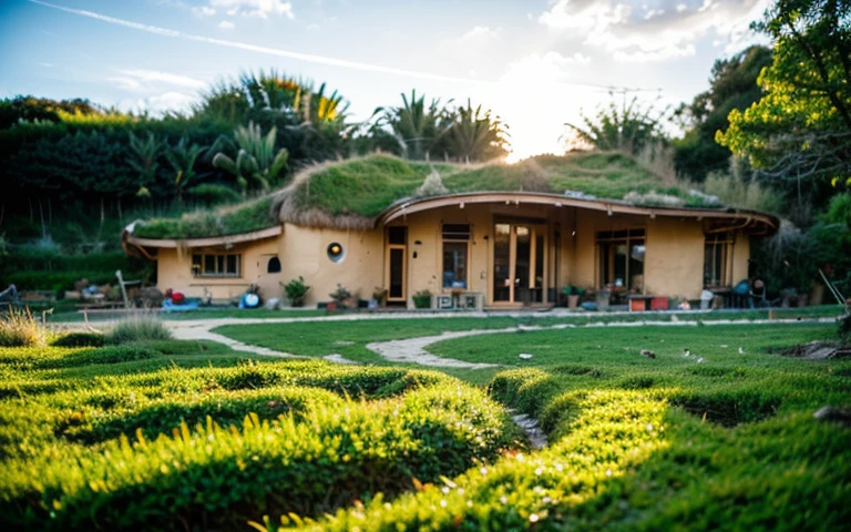 A photograph of a symmetrical contemporary house with (((one waved green roof))) and (((biological pool))) in a tropical backyard, mustard yellow terracota plaster walls (((rustic clay stucco))), ((corner walls rounded)), ((rustic clay plaster)), (((terracotta walls with rounded corners, organic curves))), (((rustic earth plaster, mud))), (((wave-shaped green roof with wooden edge))), (((wooden roof structure, wooden rake, wooden fascia board))), eaves, porch with wooden pillar, ((roof with wooden structure)), In Bali (((Tropical garden))), ((natural houses, organic buildings, organic architecture)), Ecovillage, sustainable architecture, Bioconstruction architecture, solarpunk architecture, (((grass roof, green roof, green wave roof, rounded roof, vegetated roofs))), ((green architecture)), Passive house, (((Rock Foundation))), Clear sky in the background, painful beauty, modern, imposing, green house, ((Bali hobbit Hadid Style)), super resolution, cinematic, color grading, editorial photography, photography, photo shoot, (((dramatic front eye top angle view))), O 50mm, depth of field, intricate details, natural colors, sharp focus, warm light, shutter speed 1/1000, F/22, White Balance, Ray Trace Reflections, Lumen Reflections, Screen Space Reflections, Diffraction Rating, Chromatic Aberration, GB Shift, Partial Lighting, Backlighting, Daylighting, Scan Lines, ambient occlusion, antialiasing, shaders, OpenGL-Shaders, GLSL-Shaders, Post-processing, post-production, shading, tone mapping, incredibly detailed and complex, hypermaximalist, elegant, hyperrealistic, super detailed, dynamic pose, Fujifilm XT