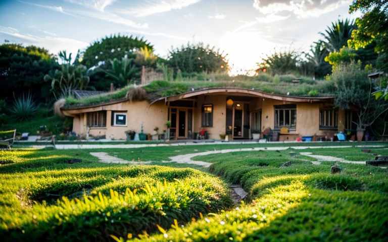 A photograph of a symmetrical contemporary house with (((one waved green roof))) and (((biological pool))) in a tropical backyard, mustard yellow terracota plaster walls (((rustic clay stucco))), ((corner walls rounded)), ((rustic clay plaster)), (((terracotta walls with rounded corners, organic curves))), (((rustic earth plaster, mud))), (((wave-shaped green roof with wooden edge))), (((wooden roof structure, wooden rake, wooden fascia board))), eaves, porch with wooden pillar, ((roof with wooden structure)), In Bali (((Tropical garden))), ((natural houses, organic buildings, organic architecture)), Ecovillage, sustainable architecture, Bioconstruction architecture, solarpunk architecture, (((grass roof, green roof, green wave roof, rounded roof, vegetated roofs))), ((green architecture)), Passive house, (((Rock Foundation))), Clear sky in the background, painful beauty, modern, imposing, green house, ((Bali hobbit Hadid Style)), super resolution, cinematic, color grading, editorial photography, photography, photo shoot, (((dramatic front eye top angle view))), O 50mm, depth of field, intricate details, natural colors, sharp focus, warm light, shutter speed 1/1000, F/22, White Balance, Ray Trace Reflections, Lumen Reflections, Screen Space Reflections, Diffraction Rating, Chromatic Aberration, GB Shift, Partial Lighting, Backlighting, Daylighting, Scan Lines, ambient occlusion, antialiasing, shaders, OpenGL-Shaders, GLSL-Shaders, Post-processing, post-production, shading, tone mapping, incredibly detailed and complex, hypermaximalist, elegant, hyperrealistic, super detailed, dynamic pose, Fujifilm XT