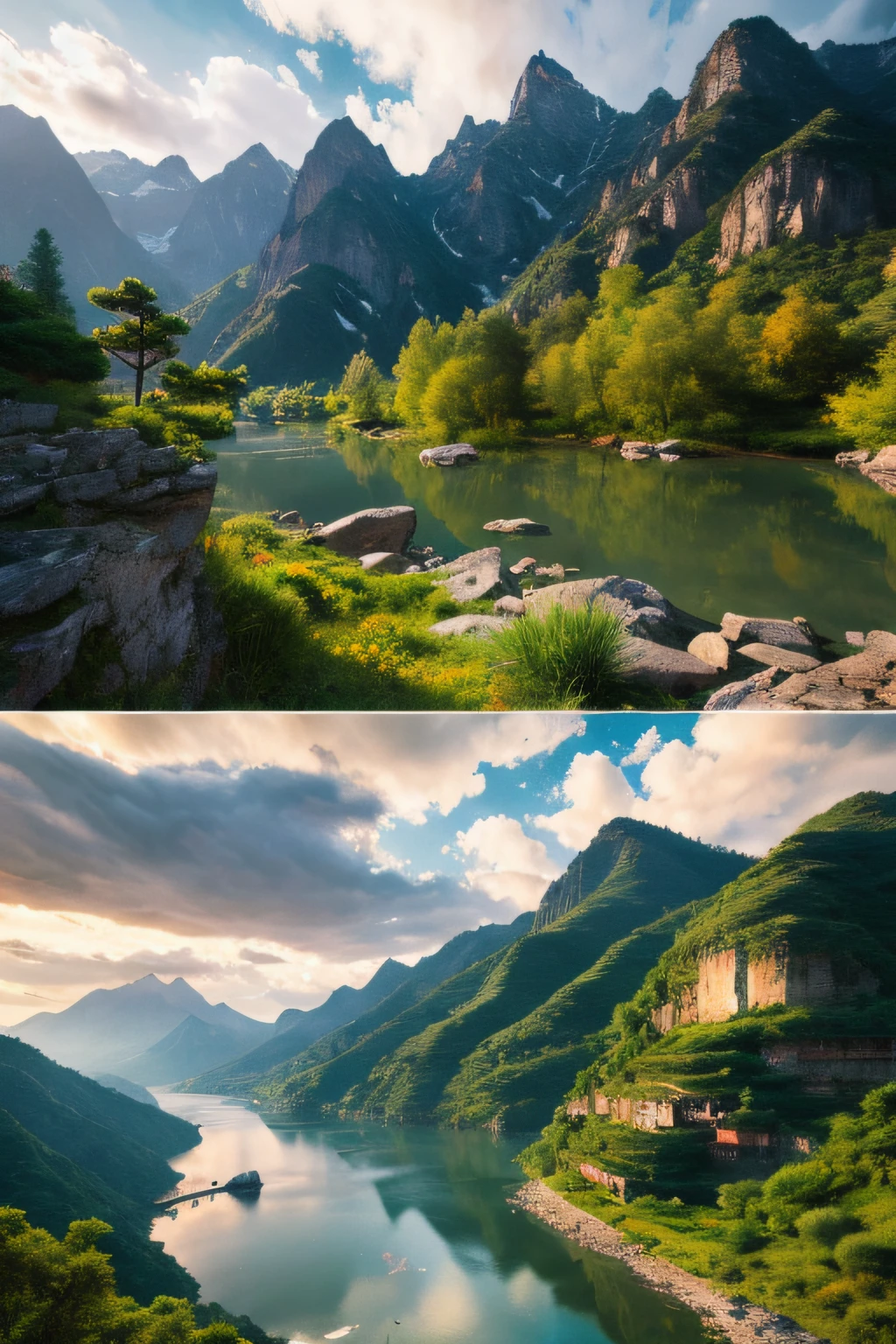 Ancient Chinese Landscapes, mountainscape, rivers, Auspicious clouds, Sunshine, Masterpieces, Super Detail, epic composition, Ultra HD, High quality, Extremely detailed, Official art, Unified 8K Wallpaper, Super Detail, 32k -- v 6