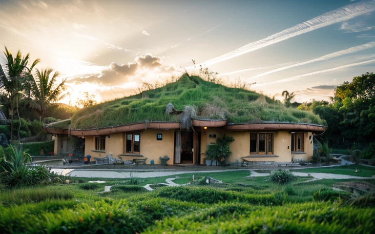 A photograph of a symmetrical contemporary house with (((one waved green roof))) and (((biological pool))) in a tropical backyard, mustard yellow terracota plaster walls (((rustic clay stucco))), ((corner walls rounded)), ((rustic clay plaster)), (((terracotta walls with rounded corners, organic curves))), (((rustic earth plaster, mud))), (((wave-shaped green roof with wooden edge))), (((wooden roof structure, wooden rake, wooden fascia board))), eaves, porch with wooden pillar, ((roof with wooden structure)), In Bali (((Tropical garden))), ((natural houses, organic buildings, organic architecture)), Ecovillage, sustainable architecture, Bioconstruction architecture, solarpunk architecture, (((grass roof, green roof, green wave roof, rounded roof, vegetated roofs))), ((green architecture)), Passive house, (((Rock Foundation))), Clear sky in the background, painful beauty, modern, imposing, green house, ((Bali hobbit Hadid Style)), super resolution, cinematic, color grading, editorial photography, photography, photo shoot, (((dramatic front eye top angle view))), O 50mm, depth of field, intricate details, natural colors, sharp focus, warm light, shutter speed 1/1000, F/22, White Balance, Ray Trace Reflections, Lumen Reflections, Screen Space Reflections, Diffraction Rating, Chromatic Aberration, GB Shift, Partial Lighting, Backlighting, Daylighting, Scan Lines, ambient occlusion, antialiasing, shaders, OpenGL-Shaders, GLSL-Shaders, Post-processing, post-production, shading, tone mapping, incredibly detailed and complex, hypermaximalist, elegant, hyperrealistic, super detailed, dynamic pose, Fujifilm XT