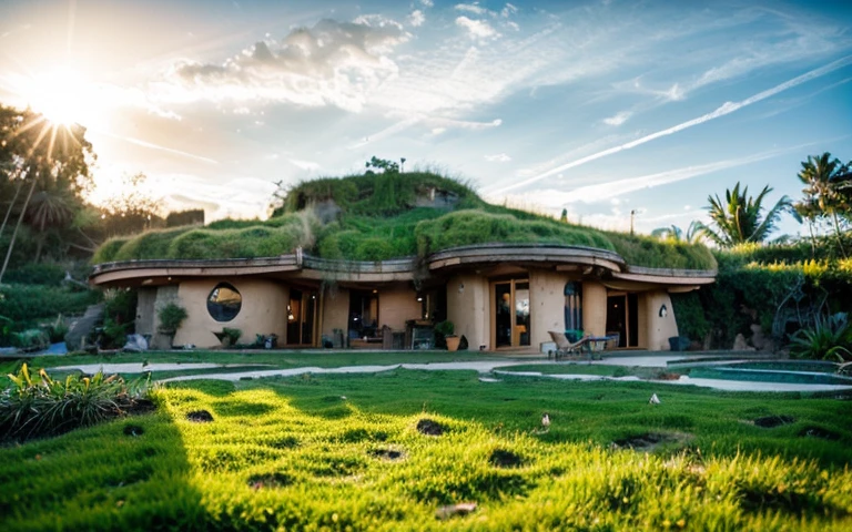 A photograph of a symmetrical contemporary house with (((one waved green roof))) and (((biological pool))) in a tropical backyard, mustard yellow terracota plaster walls (((rustic clay stucco))), ((corner walls rounded)), ((rustic clay plaster)), (((terracotta walls with rounded corners, organic curves))), (((rustic earth plaster, mud))), (((wave-shaped green roof with wooden edge))), (((wooden roof structure, wooden rake, wooden fascia board))), eaves, porch with wooden pillar, ((roof with wooden structure)), In Bali (((Tropical garden))), ((natural houses, organic buildings, organic architecture)), Ecovillage, sustainable architecture, Bioconstruction architecture, solarpunk architecture, (((grass roof, green roof, green wave roof, rounded roof, vegetated roofs))), ((green architecture)), Passive house, (((Rock Foundation))), Clear sky in the background, painful beauty, modern, imposing, green house, ((Bali hobbit Hadid Style)), super resolution, cinematic, color grading, editorial photography, photography, photo shoot, (((dramatic front eye top angle view))), O 50mm, depth of field, intricate details, natural colors, sharp focus, warm light, shutter speed 1/1000, F/22, White Balance, Ray Trace Reflections, Lumen Reflections, Screen Space Reflections, Diffraction Rating, Chromatic Aberration, GB Shift, Partial Lighting, Backlighting, Daylighting, Scan Lines, ambient occlusion, antialiasing, shaders, OpenGL-Shaders, GLSL-Shaders, Post-processing, post-production, shading, tone mapping, incredibly detailed and complex, hypermaximalist, elegant, hyperrealistic, super detailed, dynamic pose, Fujifilm XT