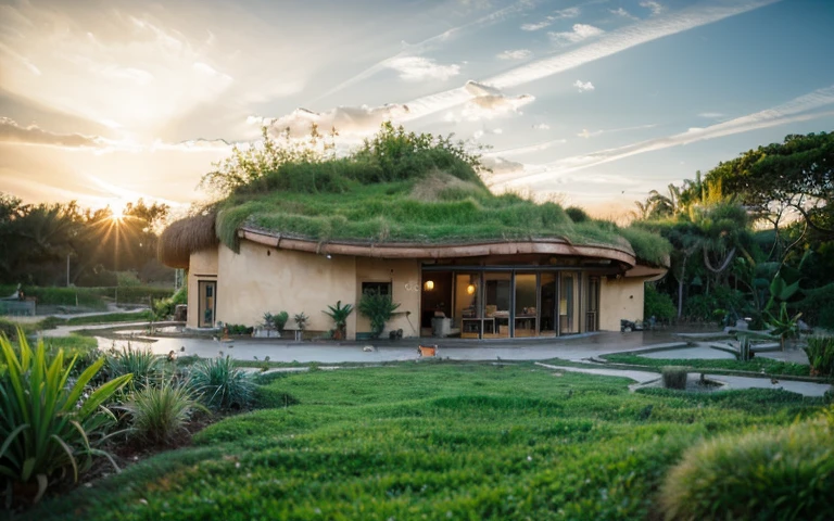 A photograph of a symmetrical contemporary house with (((one waved green roof))) and (((biological pool))) in a tropical backyard, mustard yellow terracota plaster walls (((rustic clay stucco))), ((corner walls rounded)), ((rustic clay plaster)), (((terracotta walls with rounded corners, organic curves))), (((rustic earth plaster, mud))), (((wave-shaped green roof with wooden edge))), (((wooden roof structure, wooden rake, wooden fascia board))), eaves, porch with wooden pillar, ((roof with wooden structure)), In Bali (((Tropical garden))), ((natural houses, organic buildings, organic architecture)), Ecovillage, sustainable architecture, Bioconstruction architecture, solarpunk architecture, (((grass roof, green roof, green wave roof, rounded roof, vegetated roofs))), ((green architecture)), Passive house, (((Rock Foundation))), Clear sky in the background, painful beauty, modern, imposing, green house, ((Bali hobbit Hadid Style)), super resolution, cinematic, color grading, editorial photography, photography, photo shoot, (((dramatic front eye top angle view))), O 50mm, depth of field, intricate details, natural colors, sharp focus, warm light, shutter speed 1/1000, F/22, White Balance, Ray Trace Reflections, Lumen Reflections, Screen Space Reflections, Diffraction Rating, Chromatic Aberration, GB Shift, Partial Lighting, Backlighting, Daylighting, Scan Lines, ambient occlusion, antialiasing, shaders, OpenGL-Shaders, GLSL-Shaders, Post-processing, post-production, shading, tone mapping, incredibly detailed and complex, hypermaximalist, elegant, hyperrealistic, super detailed, dynamic pose, Fujifilm XT
