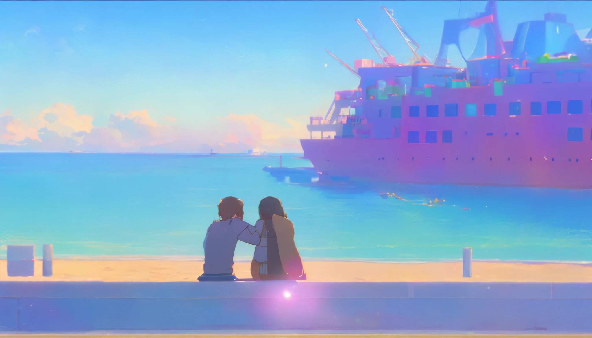 Photo of two girls sitting on a bench looking at a big ship, The large, Sparkling sea, dingdall effect，Sun rays shining on the sea，quadratic element，jpn，Blue tones，The color is elegant，Enoshima,Sunnyday，inspired by Makoto Shinkai，Japanese anime，Osaka，Xinhai is sincere，The ship has docked at the dock, screengrab, beautful view, 18K，Super quality,the detail， documentary still, from the distance, shaped like a yacht,