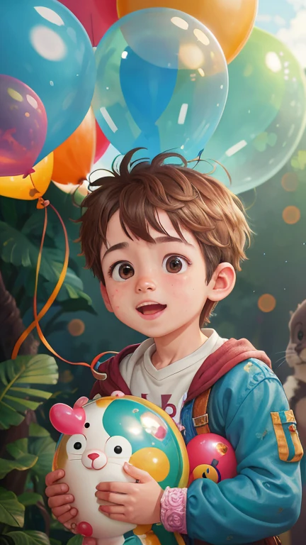 A boy, zoo, many balloons, happy, happy, perfect quality, clear focus (clutter - home: 0.8), (masterpiece: 1.2) (realistic: 1.2) (bokeh) (best quality) (detailed skin: 1.3) (intricate details) (8K) (detail eyes) (sharp focus), (happy)