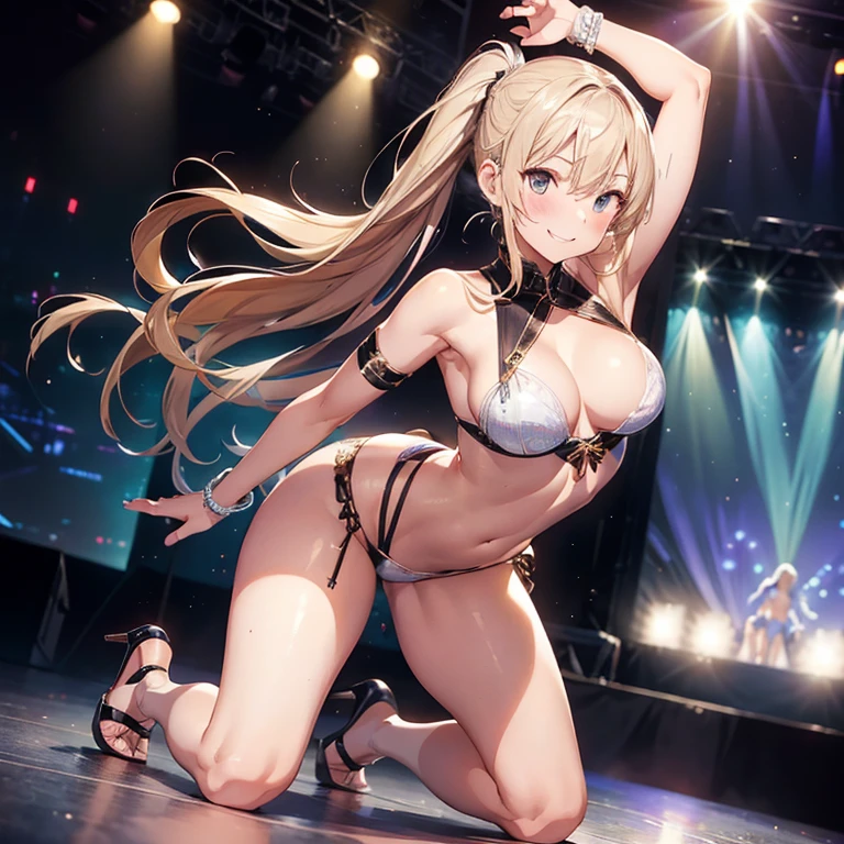 1girl, (strip dancer), super beautiful, cool, adult, medium large breast, kneeling down, leaning forward ,armpit,  (excite the floor from the stage),from below view, (dynamic pose), (dynamic angle), perfect body, full of delight, smiling full of confidence, blushed,seductive smile, half opened mouth,(extra long hair in high pony, beautiful blonde hair),  (wearing costume, putting on delicate high heel sandal ), ( the costume is shiny silver fabric, wedgie , a lot of flashy decoration), (full body shot), (focus on slim curve), on the stage of strip shed