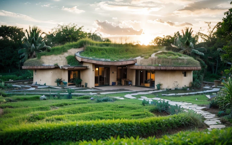 A photograph of a symmetrical contemporary house with (((one waved green roof))) and (((biological pool))) in a tropical backyard, mustard yellow terracota plaster walls (((rustic clay stucco))), ((corner walls rounded)), ((rustic clay plaster)), (((terracotta walls with rounded corners, organic curves))), (((rustic earth plaster, mud))), (((wave-shaped green roof with wooden edge))), (((wooden roof structure, wooden rake, wooden fascia board))), eaves, porch with wooden pillar, ((roof with wooden structure)), In Bali (((Tropical garden))), ((natural houses, organic buildings, organic architecture)), Ecovillage, sustainable architecture, Bioconstruction architecture, solarpunk architecture, (((grass roof, green roof, green wave roof, rounded roof, vegetated roofs))), ((green architecture)), Passive house, (((Rock Foundation))), Clear sky in the background, painful beauty, modern, imposing, green house, ((Bali hobbit Hadid Style)), super resolution, cinematic, color grading, editorial photography, photography, photo shoot, (((dramatic front eye top angle view))), O 50mm, depth of field, intricate details, natural colors, sharp focus, warm light, shutter speed 1/1000, F/22, White Balance, Ray Trace Reflections, Lumen Reflections, Screen Space Reflections, Diffraction Rating, Chromatic Aberration, GB Shift, Partial Lighting, Backlighting, Daylighting, Scan Lines, ambient occlusion, antialiasing, shaders, OpenGL-Shaders, GLSL-Shaders, Post-processing, post-production, shading, tone mapping, incredibly detailed and complex, hypermaximalist, elegant, hyperrealistic, super detailed, dynamic pose, Fujifilm XT